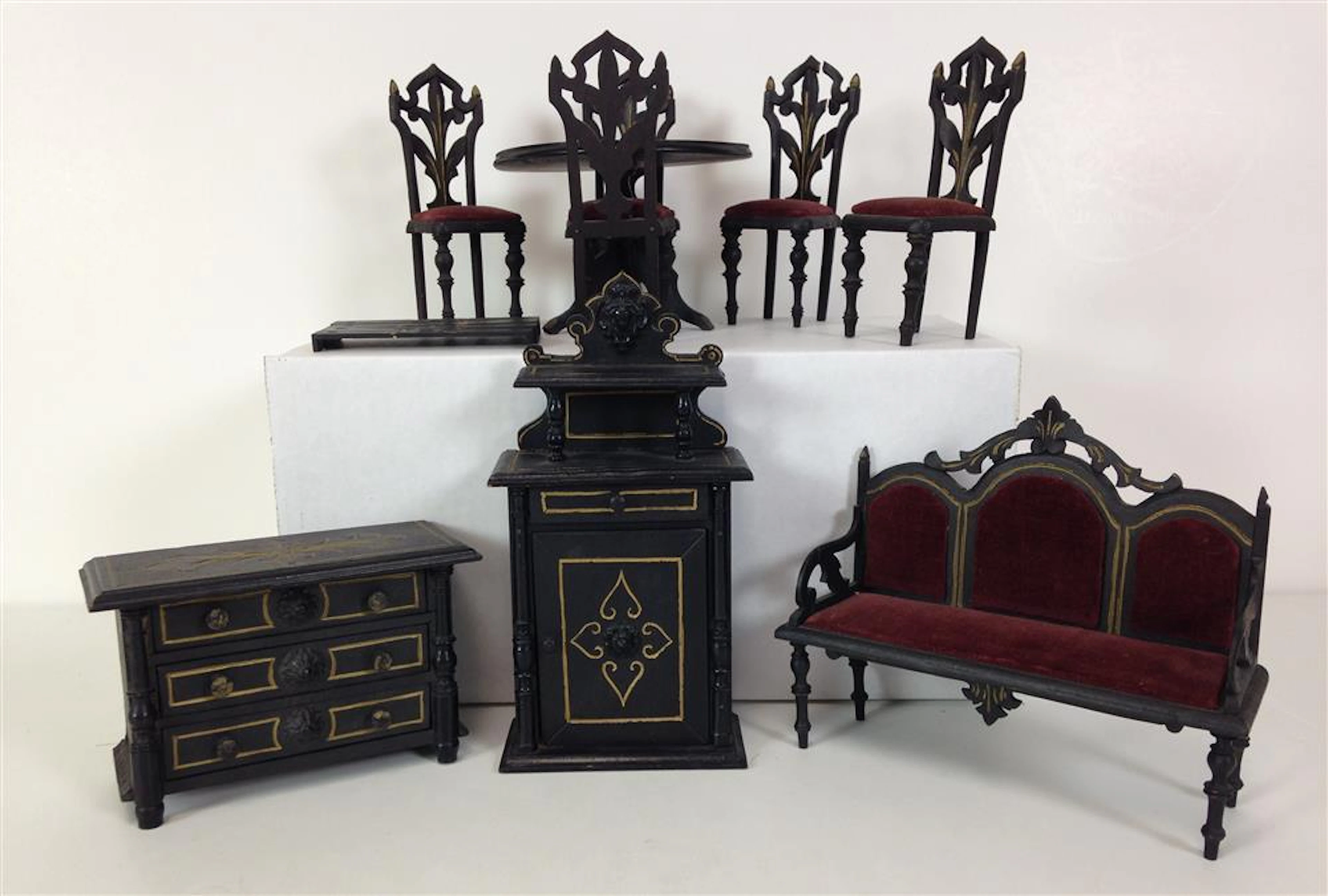 ANTIQUE EASTLAKE STYLE WOODEN DOLL HOUSE FURNITURE; BLACK...