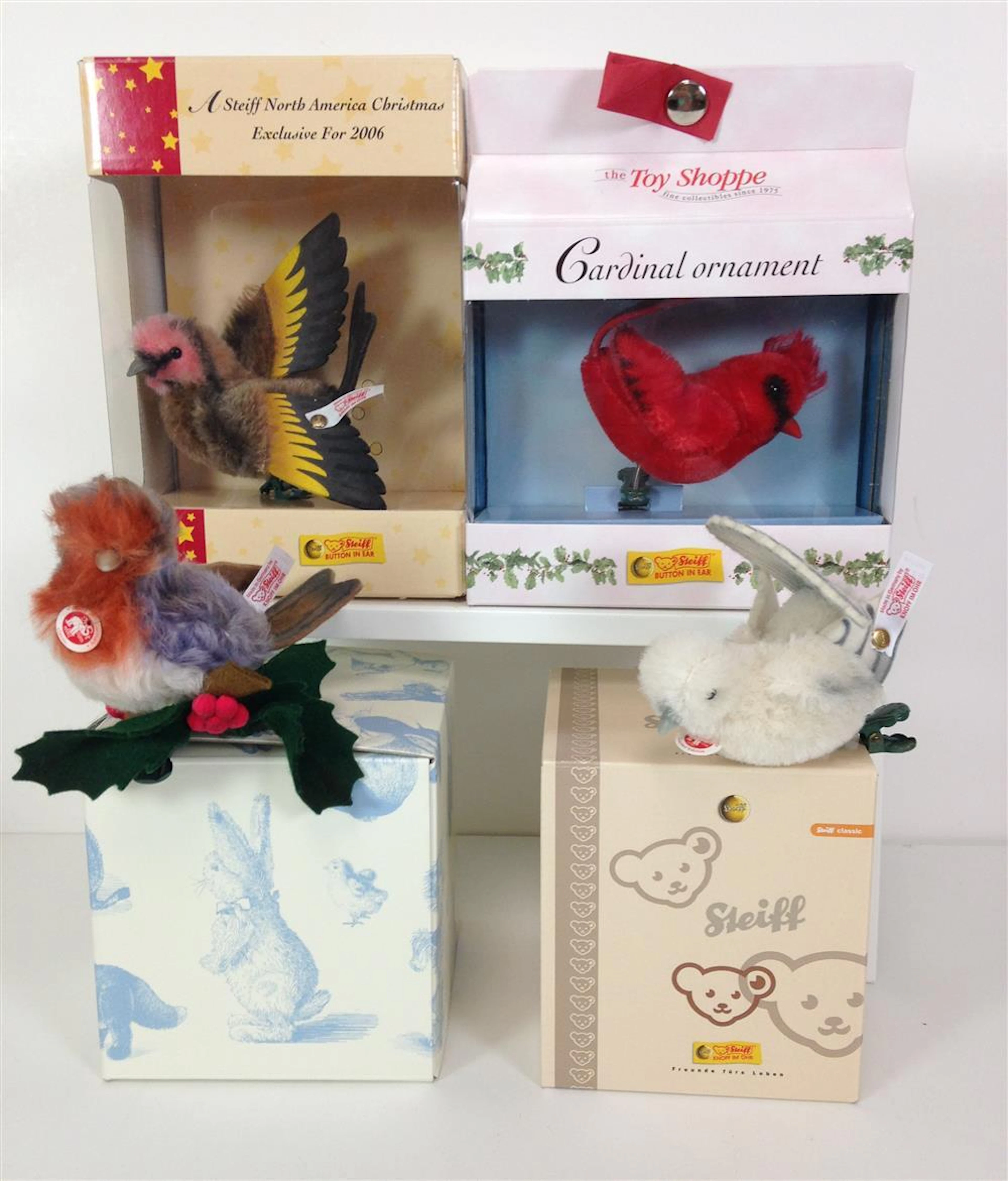 (4) STEIFF CLIP-ON CHRISTMAS TREE BIRD ORNAMENTS