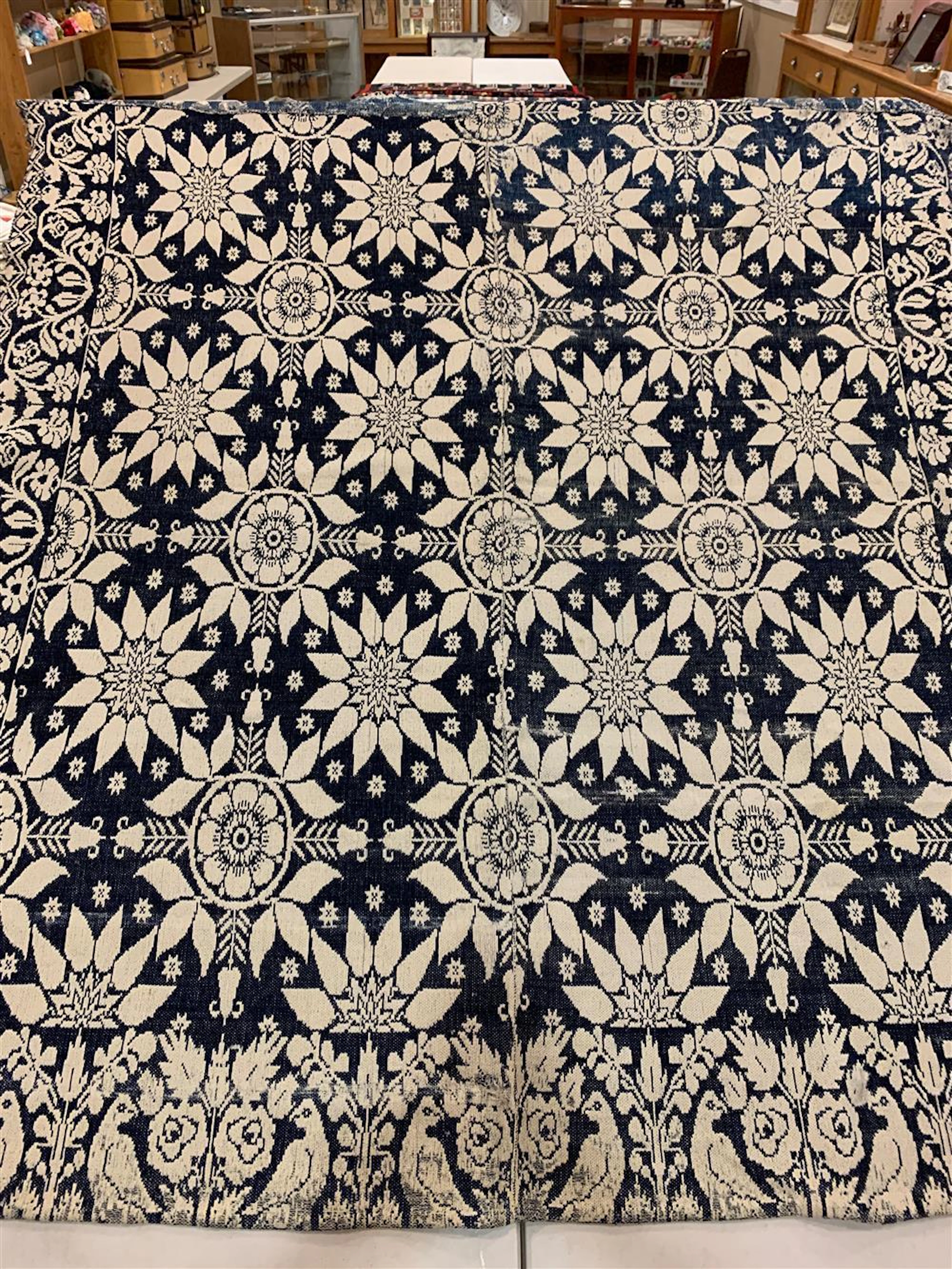 70" X 73" VINTAGE NAVY AND ECRU FLORAL COVERLET