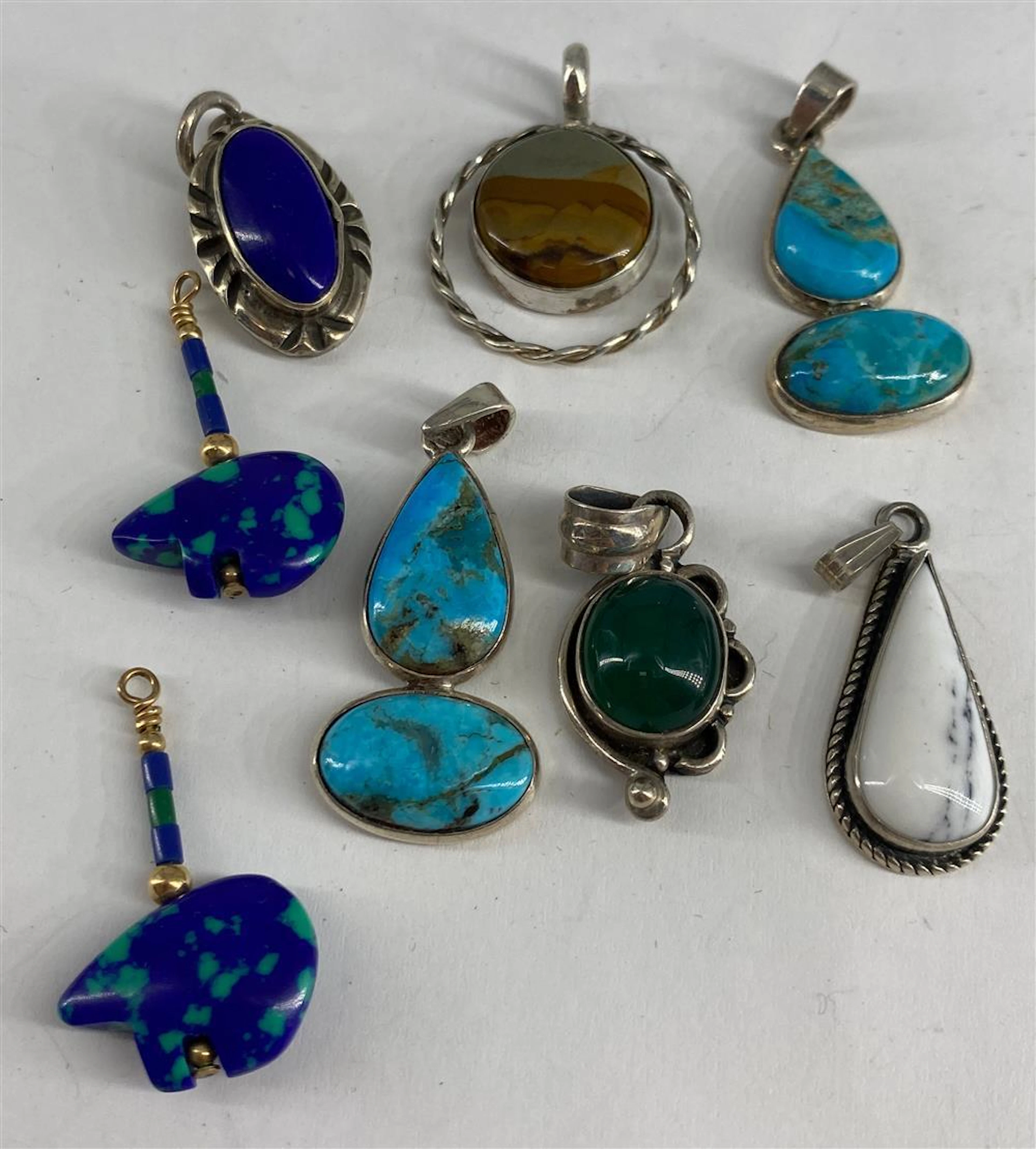 LOT OF STERLING PENDANTS AND PAIR OF SEMI-PRECIOUS STONE EARRING JACKETS