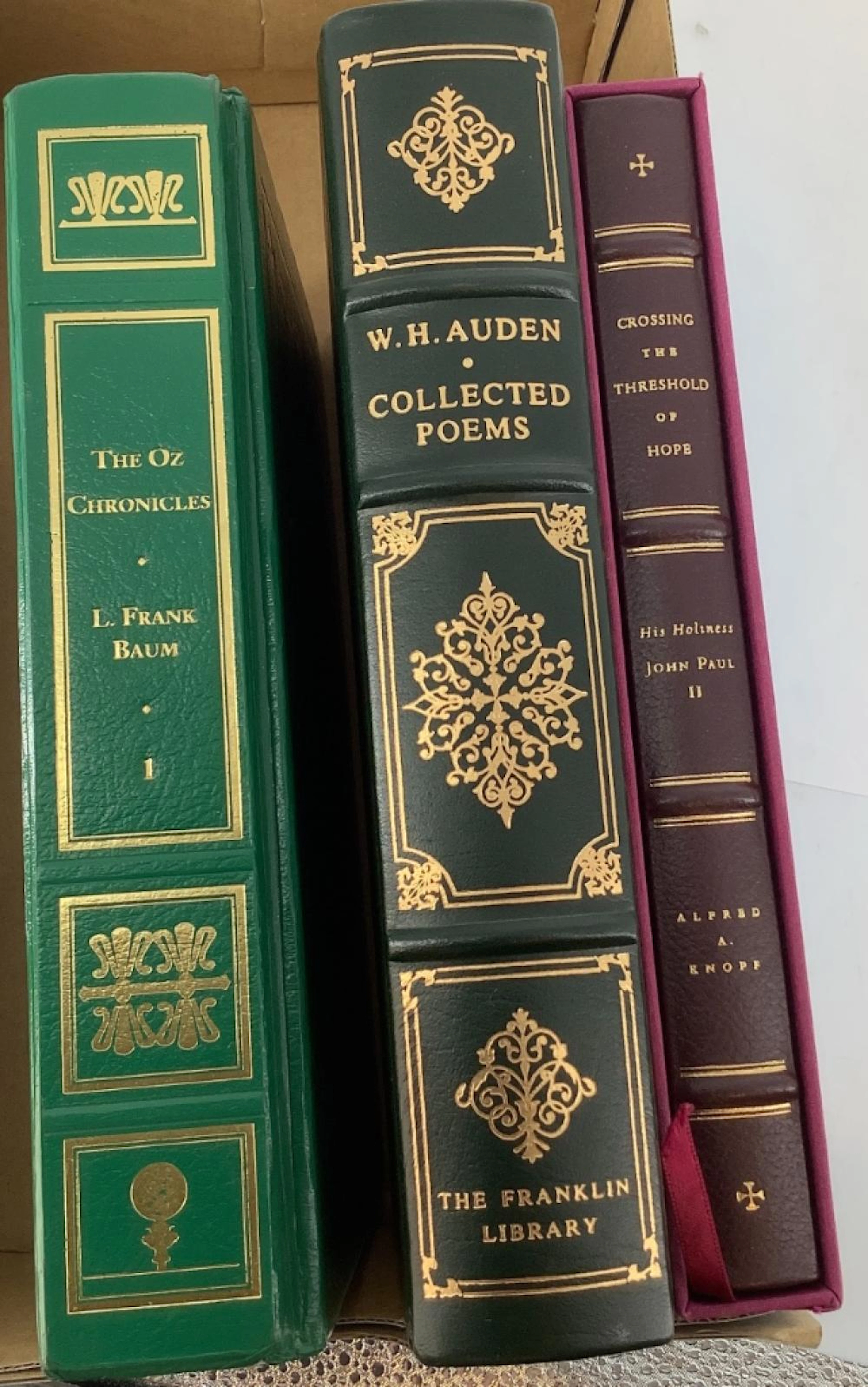 BOX LOT 3 LEATHER BOUND HARD BACK BOOKS INCLUDING "THE OZ...