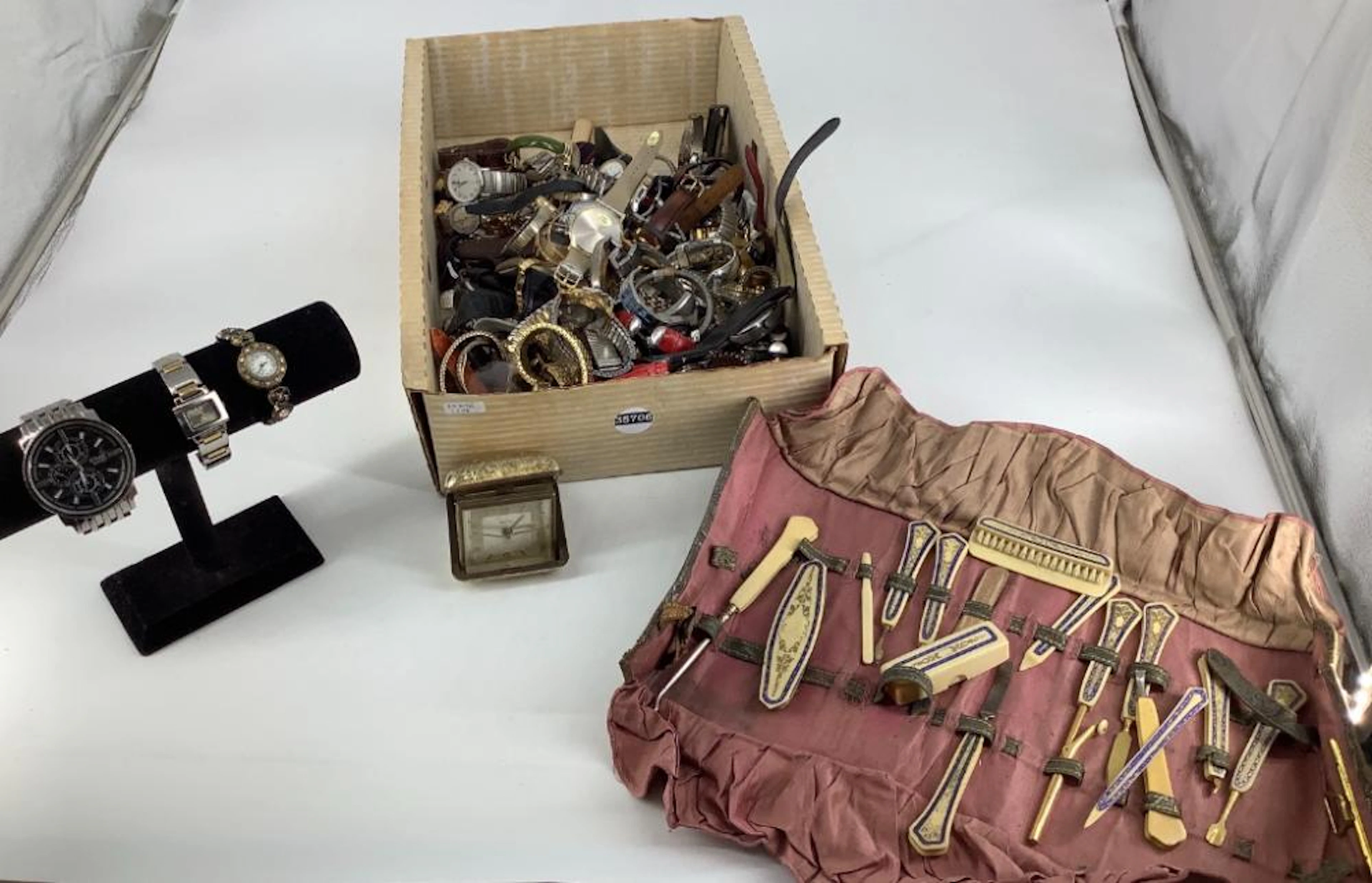 Box Lot of Assorted Watches + Accessories in Pouch