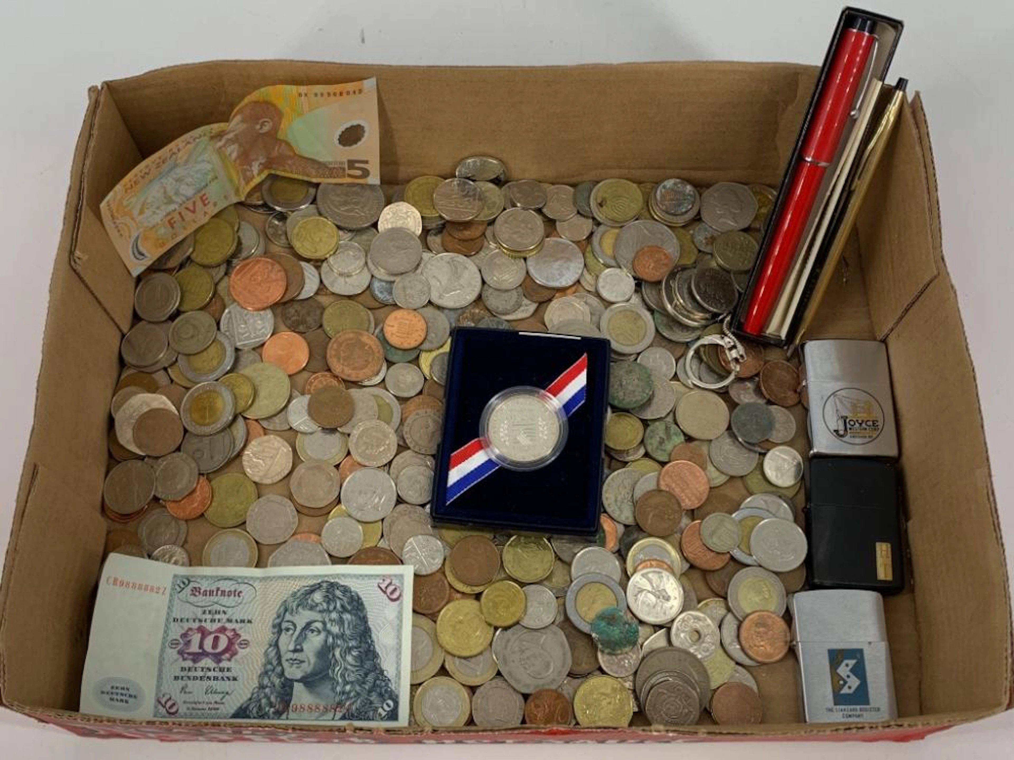 Box Lot Modern Foreign Coins + Currency and Accessories