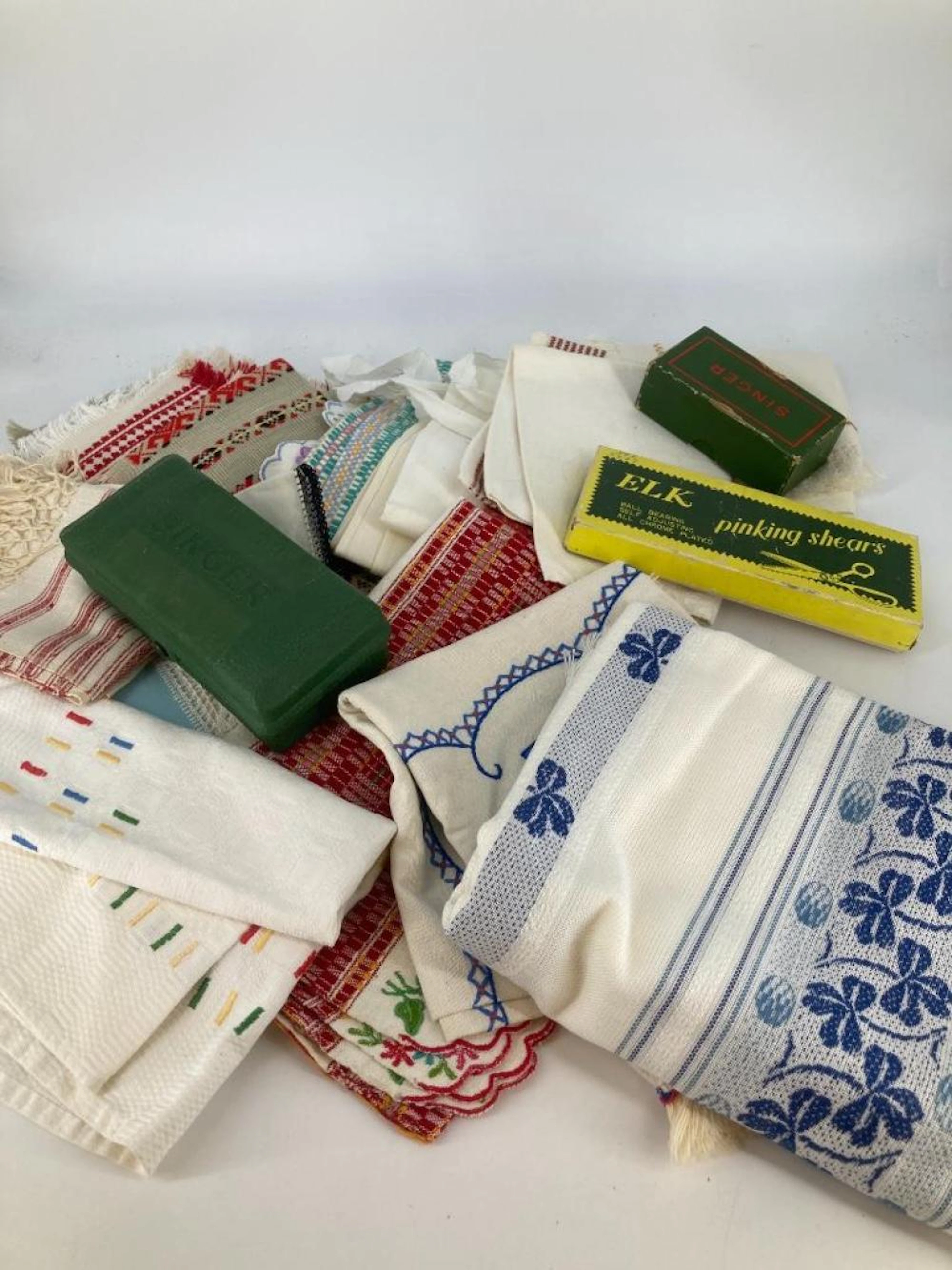 Box lot of vintage tables linens including hand...