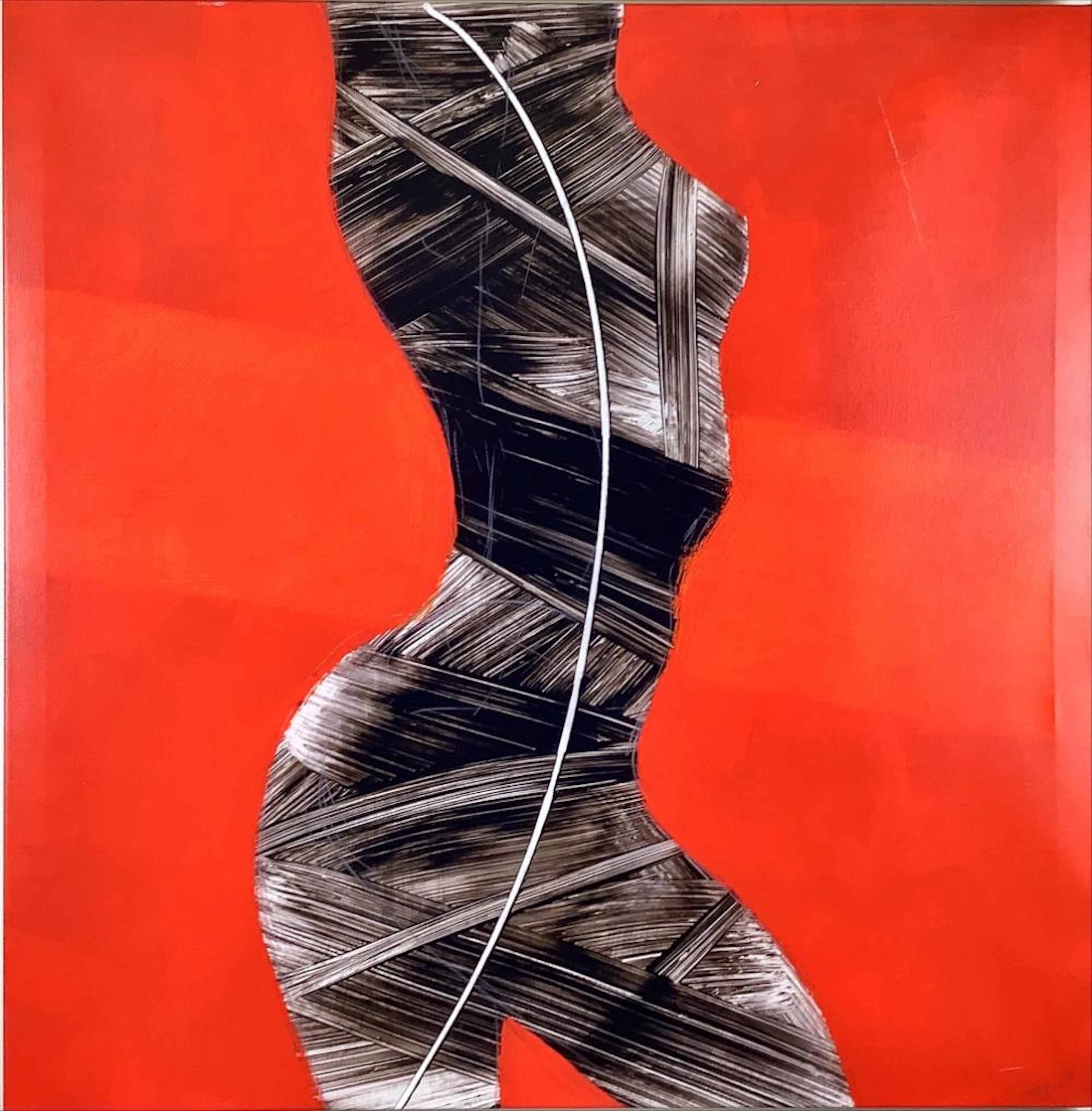 Contemporary print on canvas, female form on red background. 36? x 36?