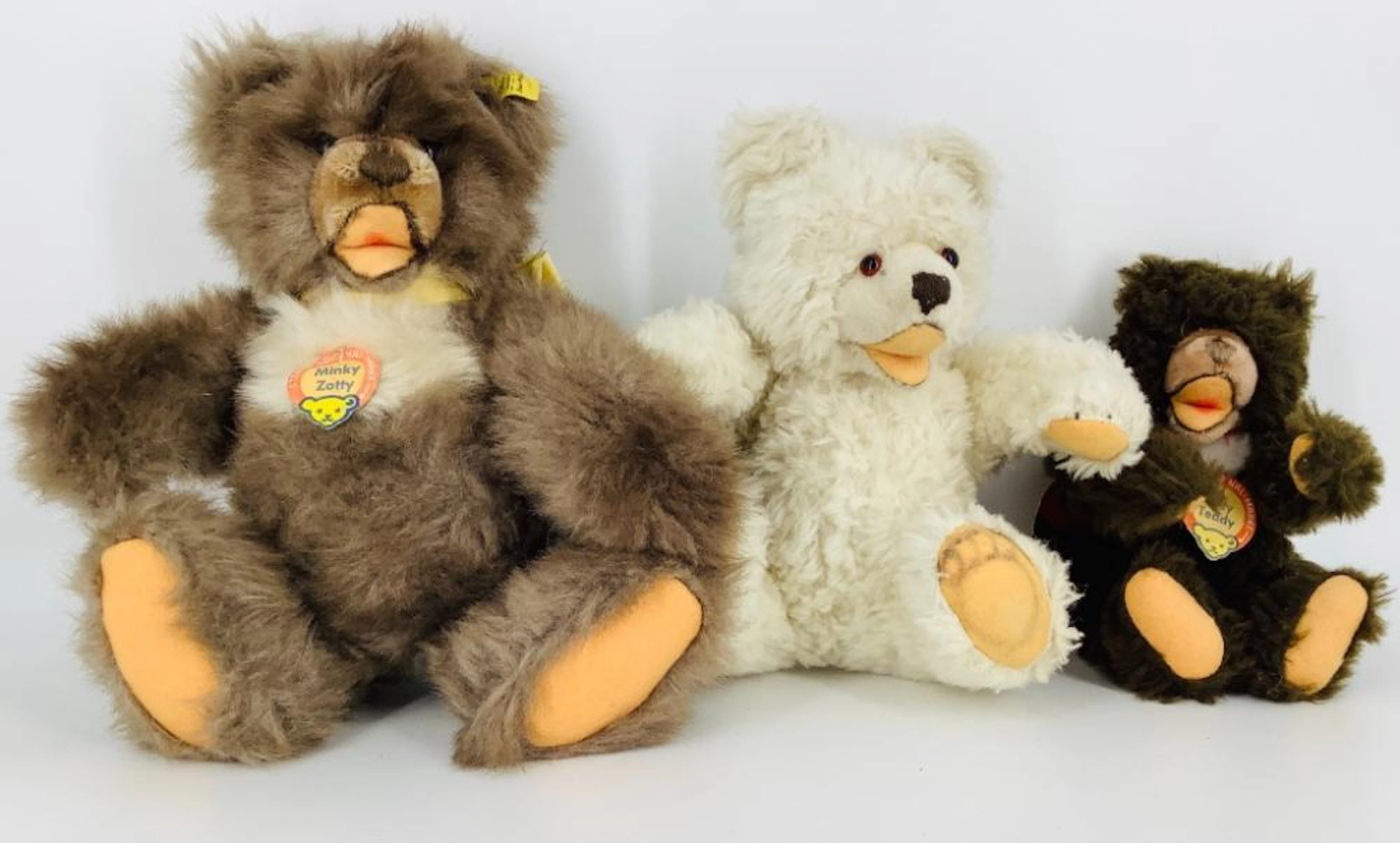 (3) plush Zotty bears including 11" Steiff "Minky Zotty" (ear button