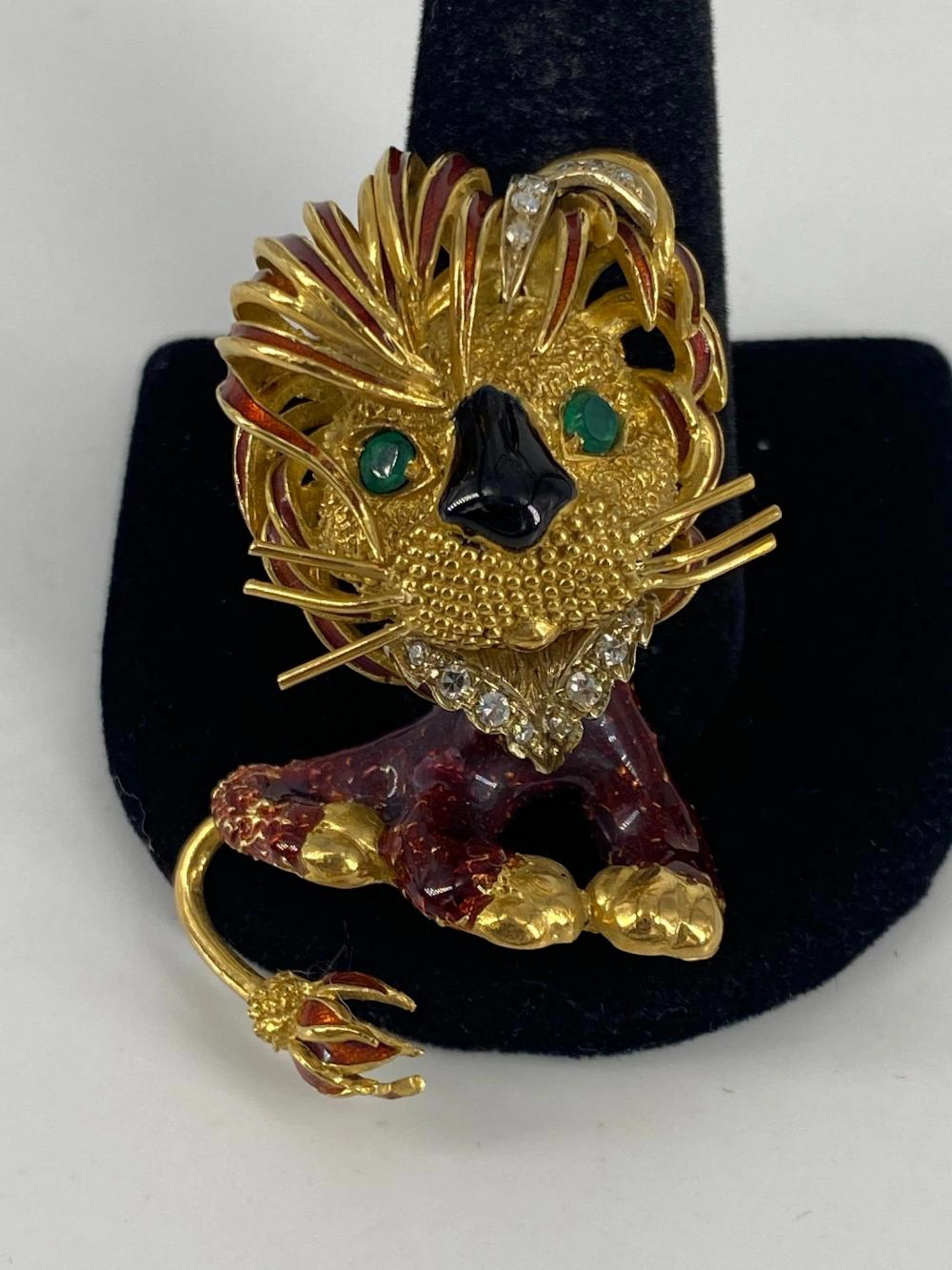 18kt Yellow Gold Frascarolo Enameled Lion Dress Clip with Gemstones