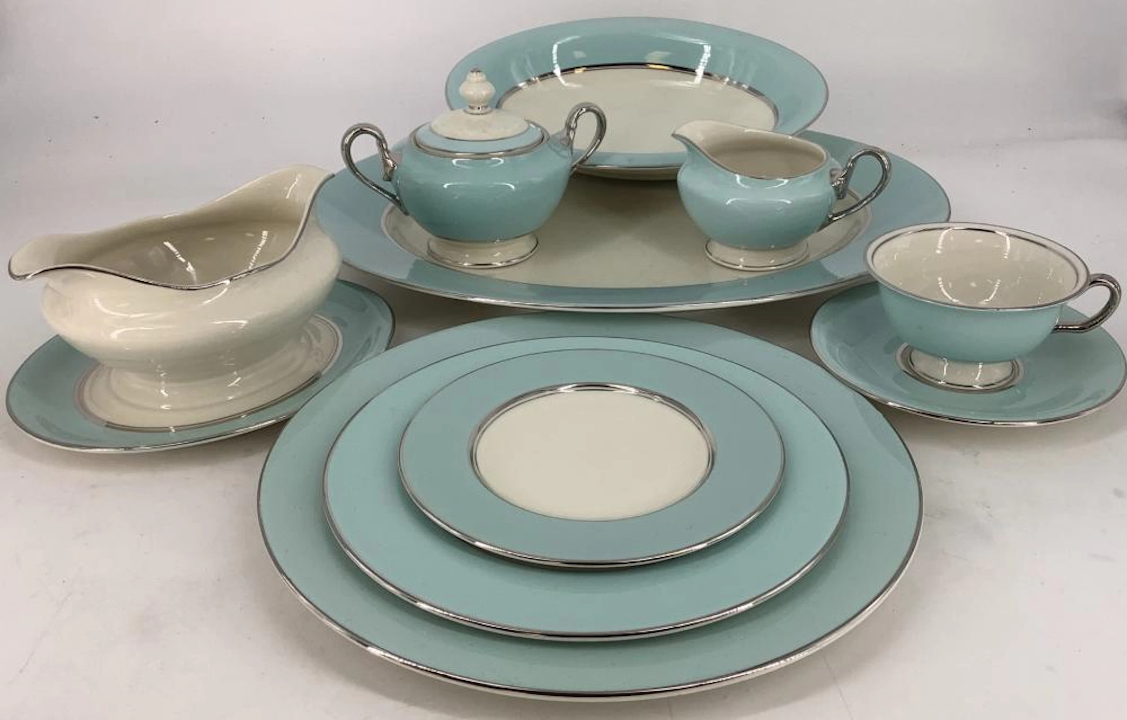 Lovely turquoise set of Castleton china with silver trim