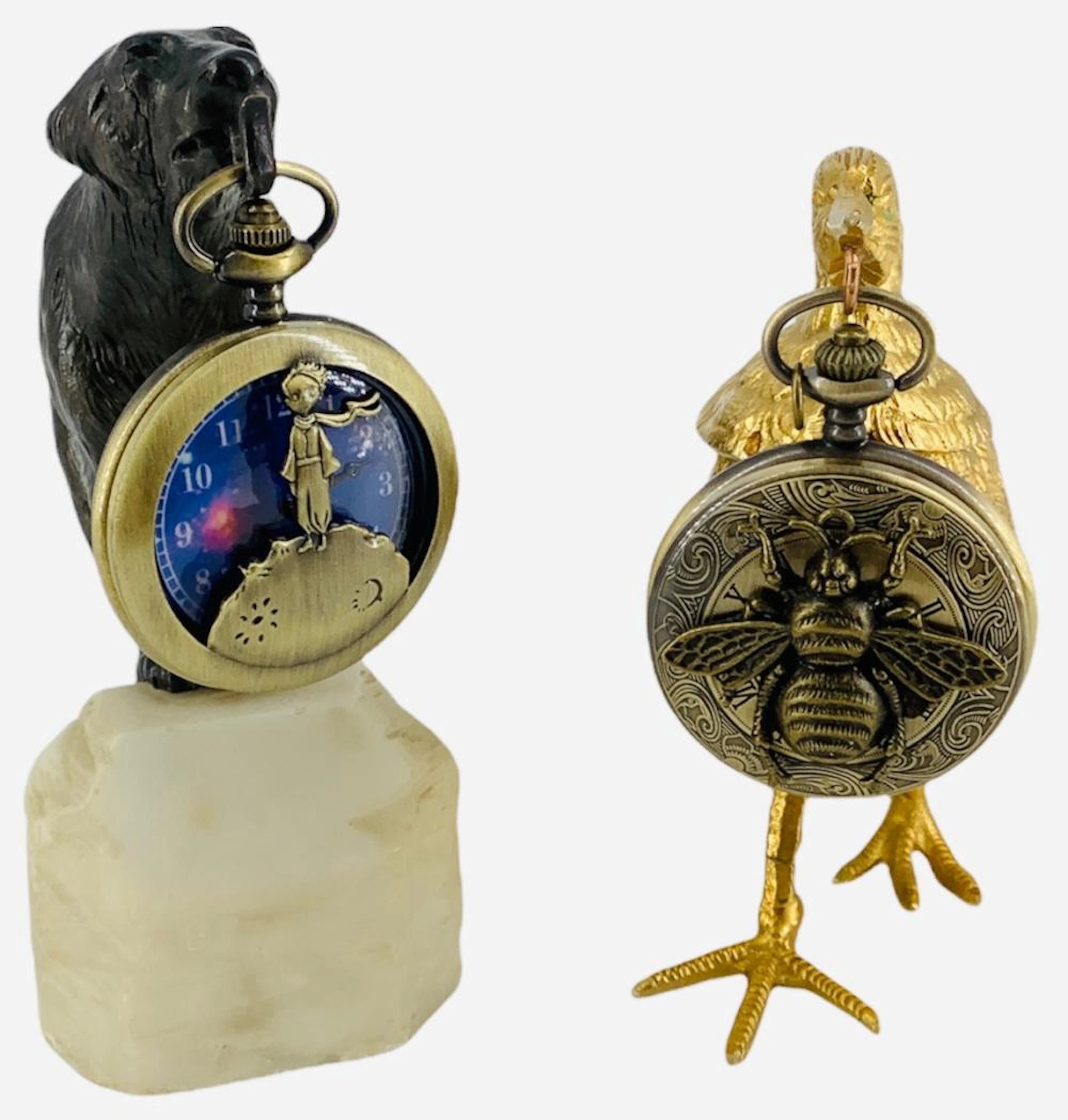 Two Animal Pocket Watch Stands w/ Novelty Watches