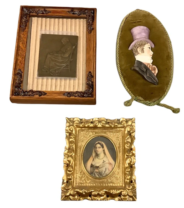 Lot of 3 vintage pictures in various mediums - 1 metal sculpture of woman.