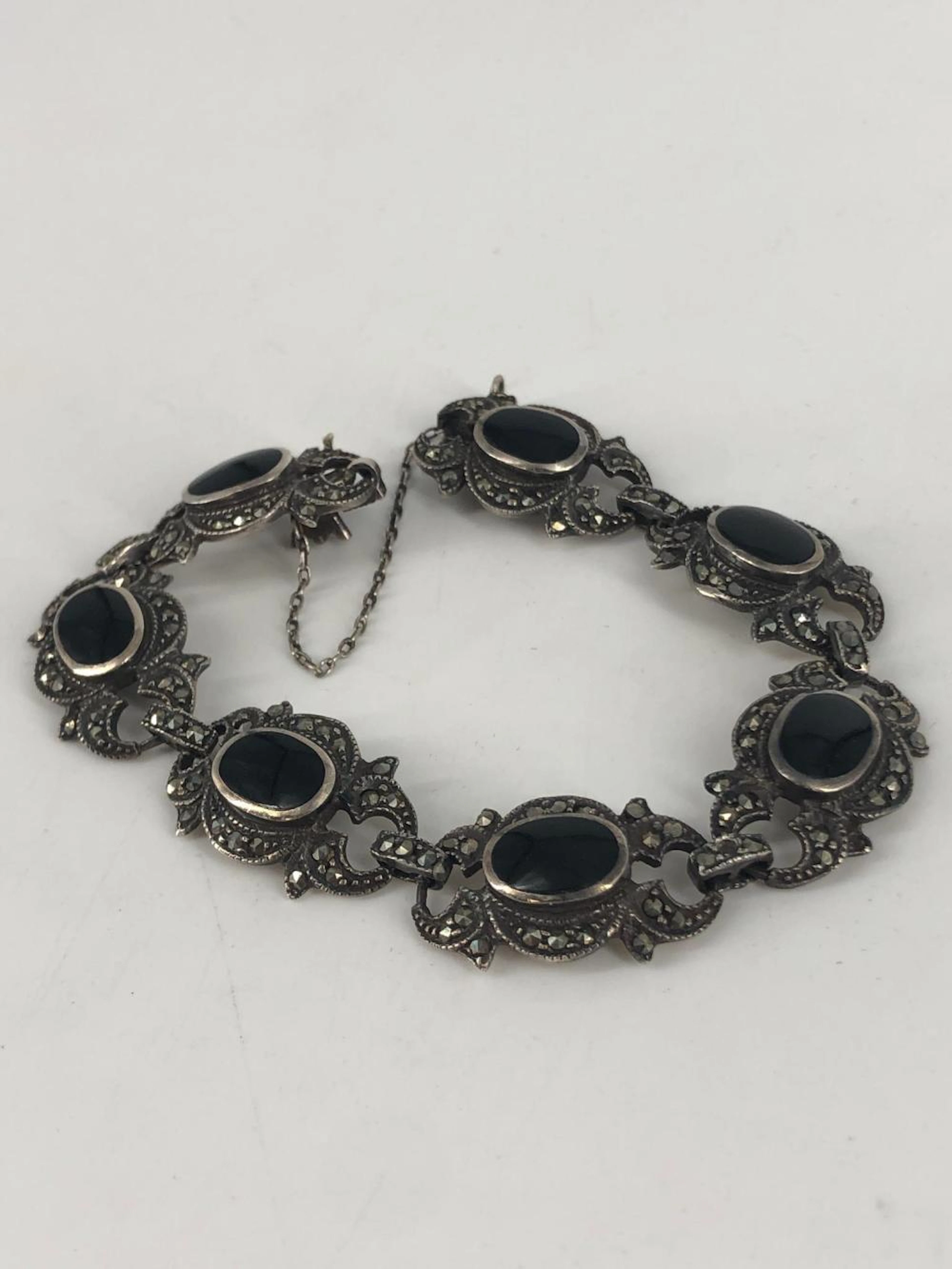 Sterling Silver, Onyx, and Marcasite Adorned Bracelet