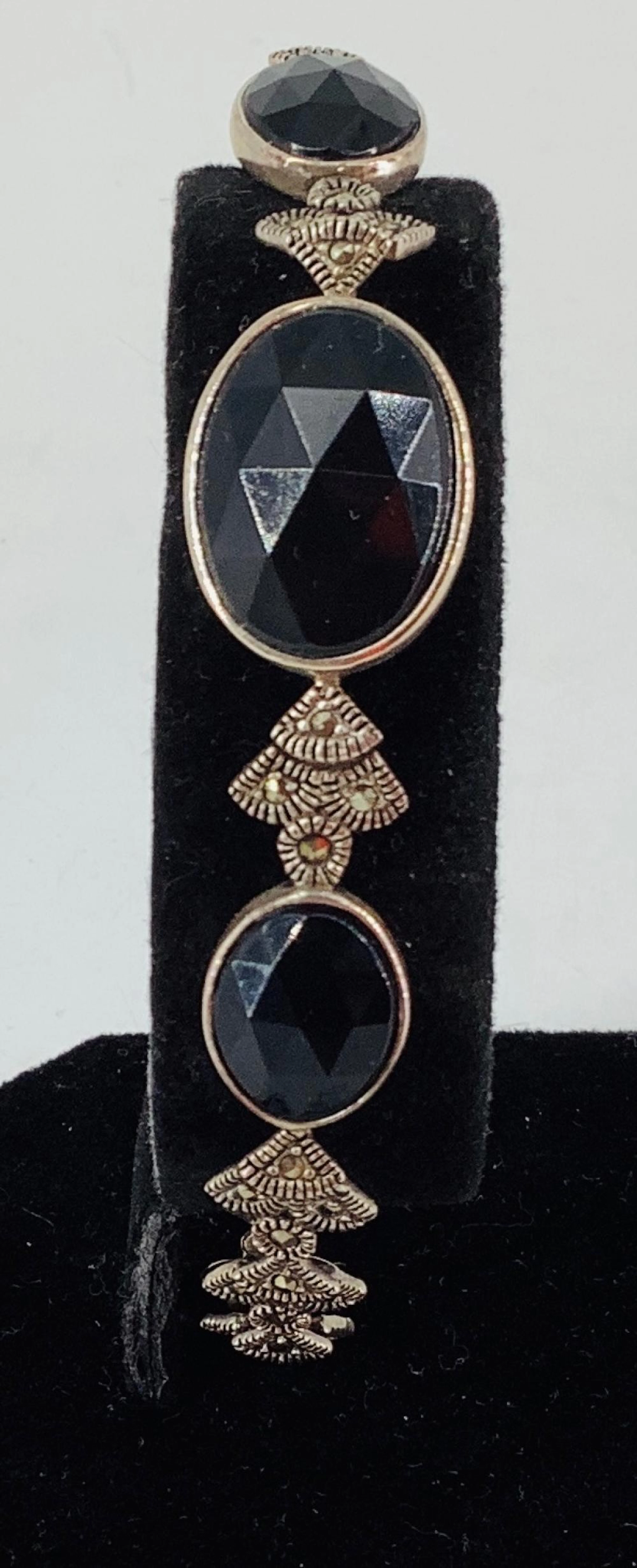 Vintage Silver, Onyx, and Marcasite Stone Bracelet