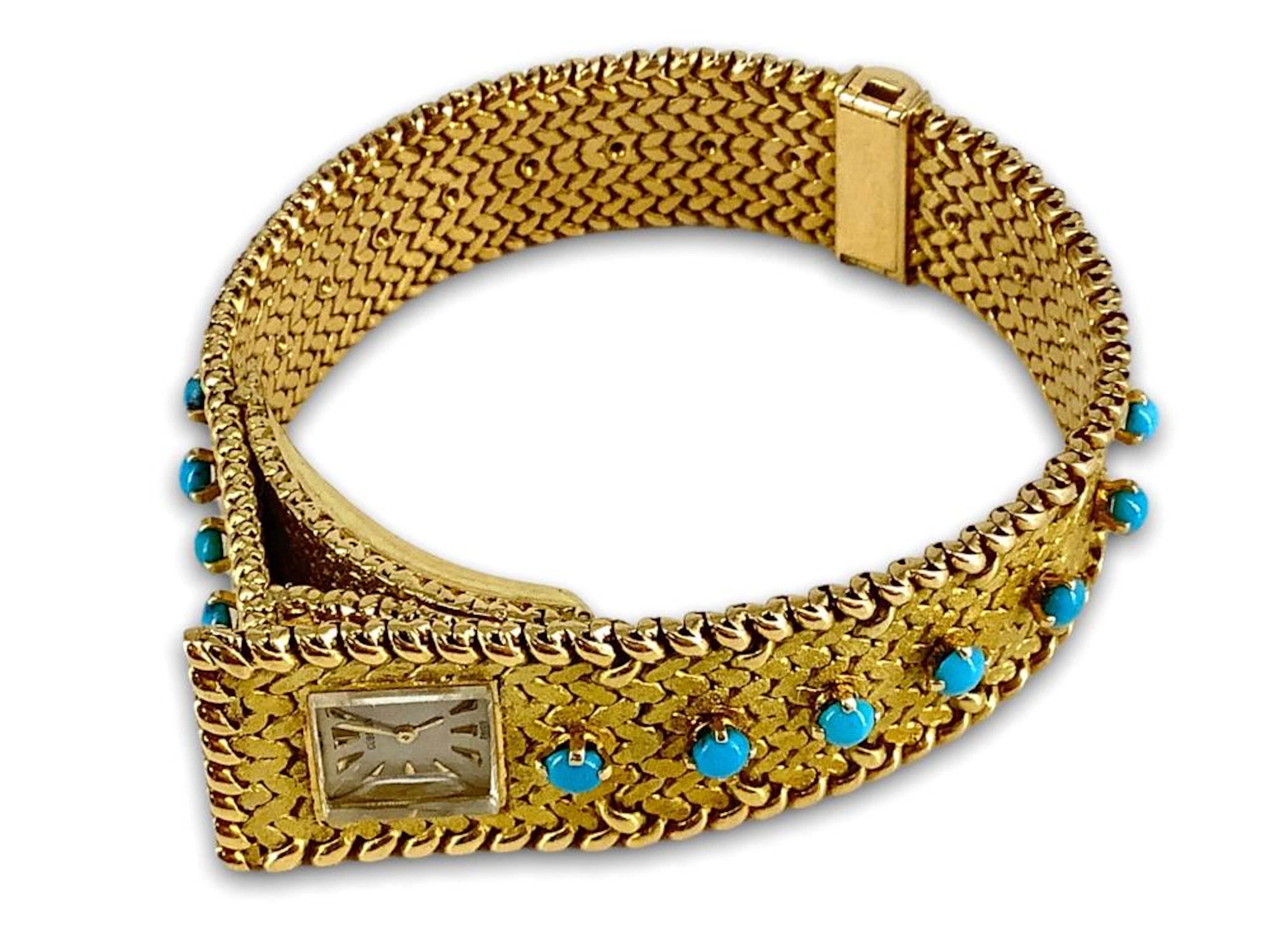 18kt Yellow Gold Ladies Wrist Watch With Turquoise Stones