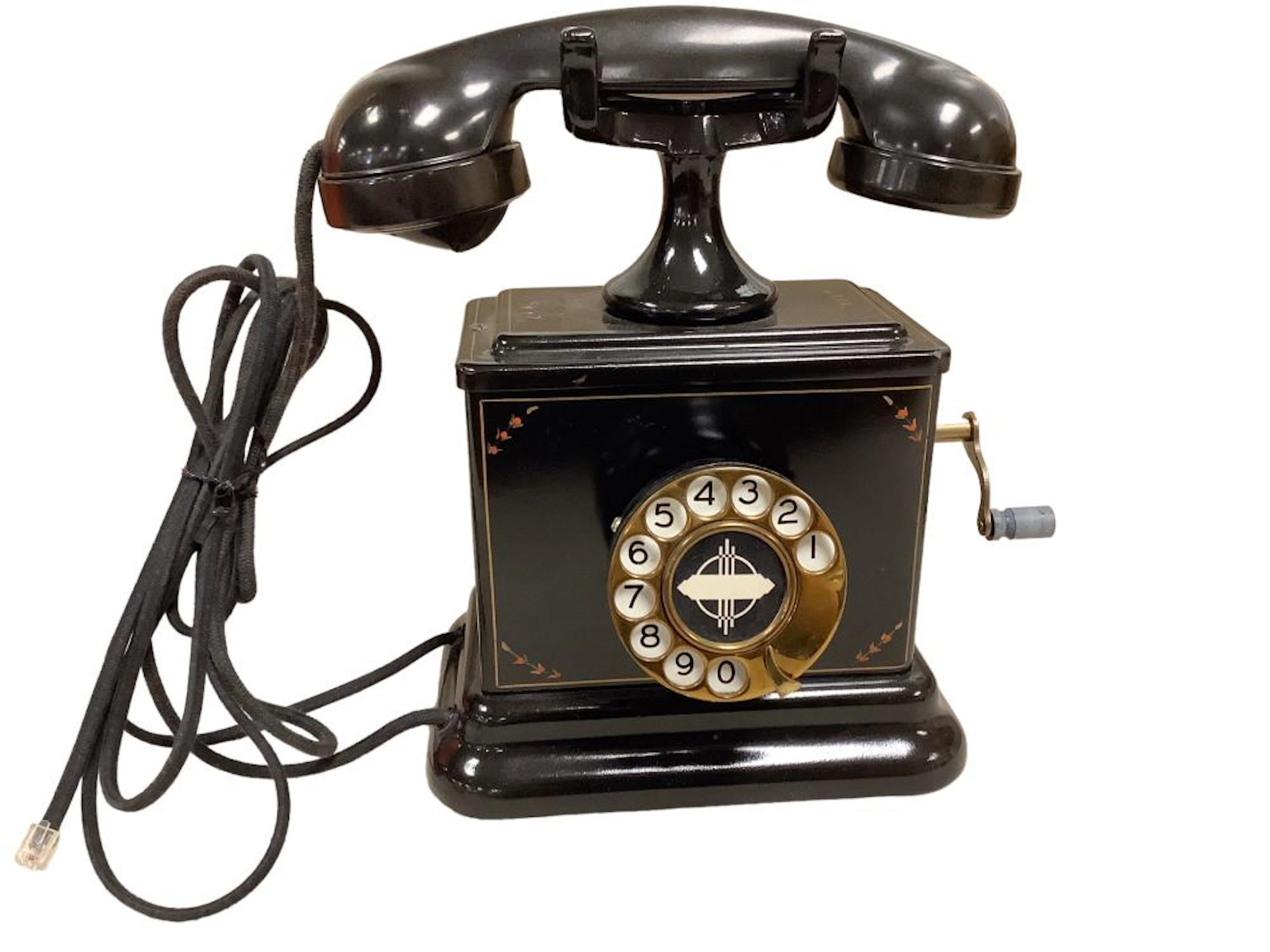Vintage heavy rotary dial phone w/brass handle @ 11? tall.