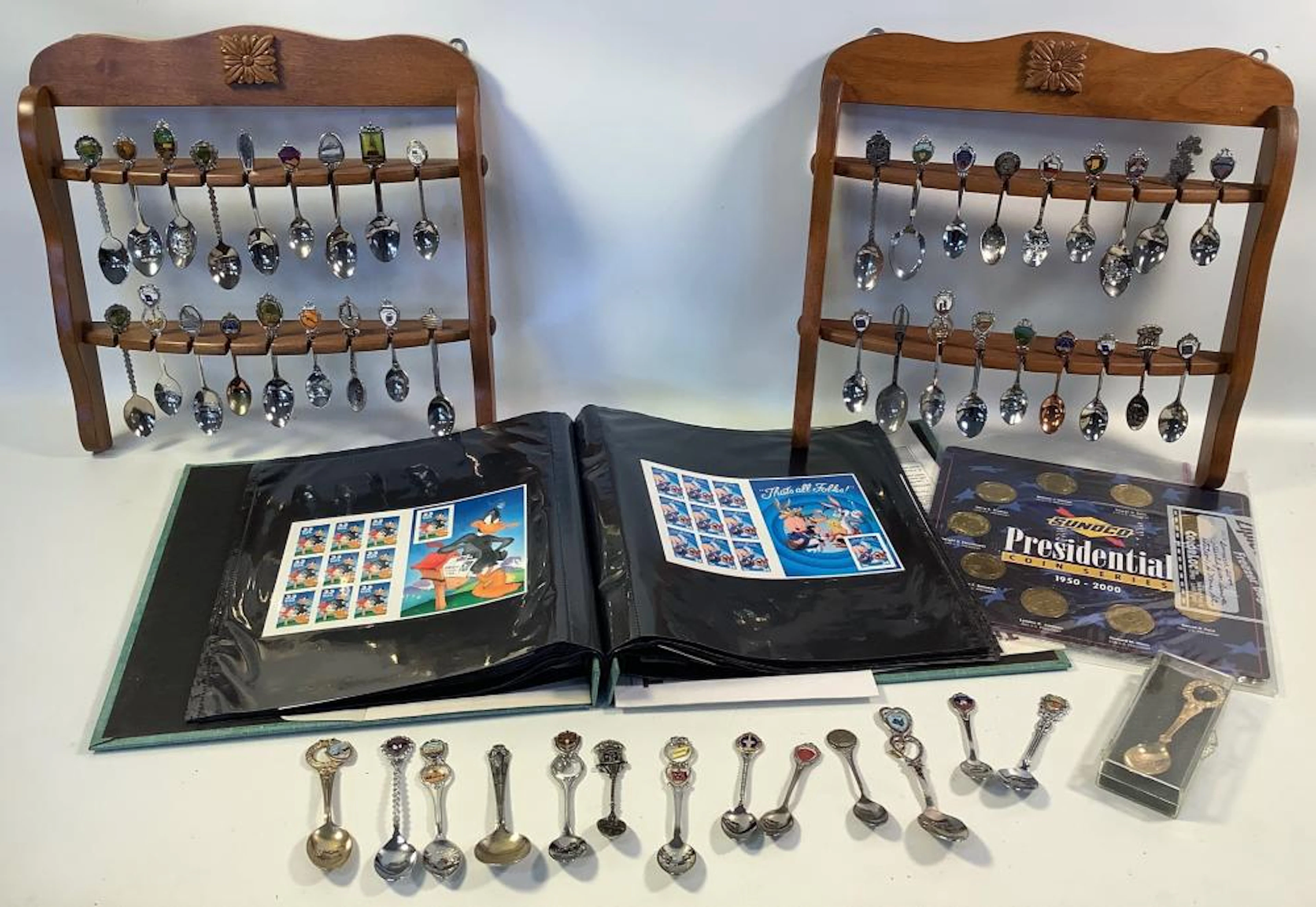 Collection of Souvenir Spoons and Stamp Album
