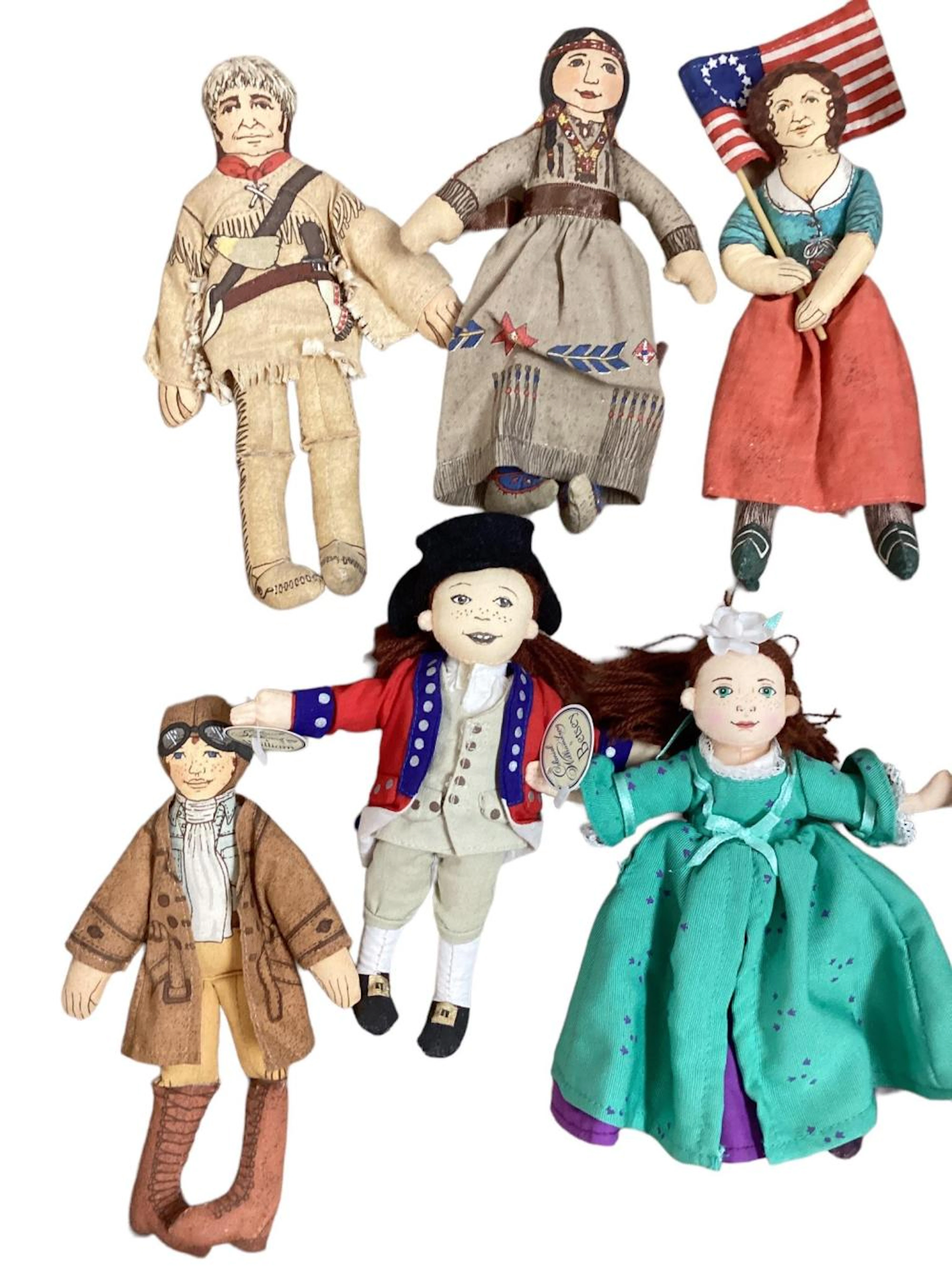 Collection of 6 Hallmark Historical cloth dolls including Davy Crockett