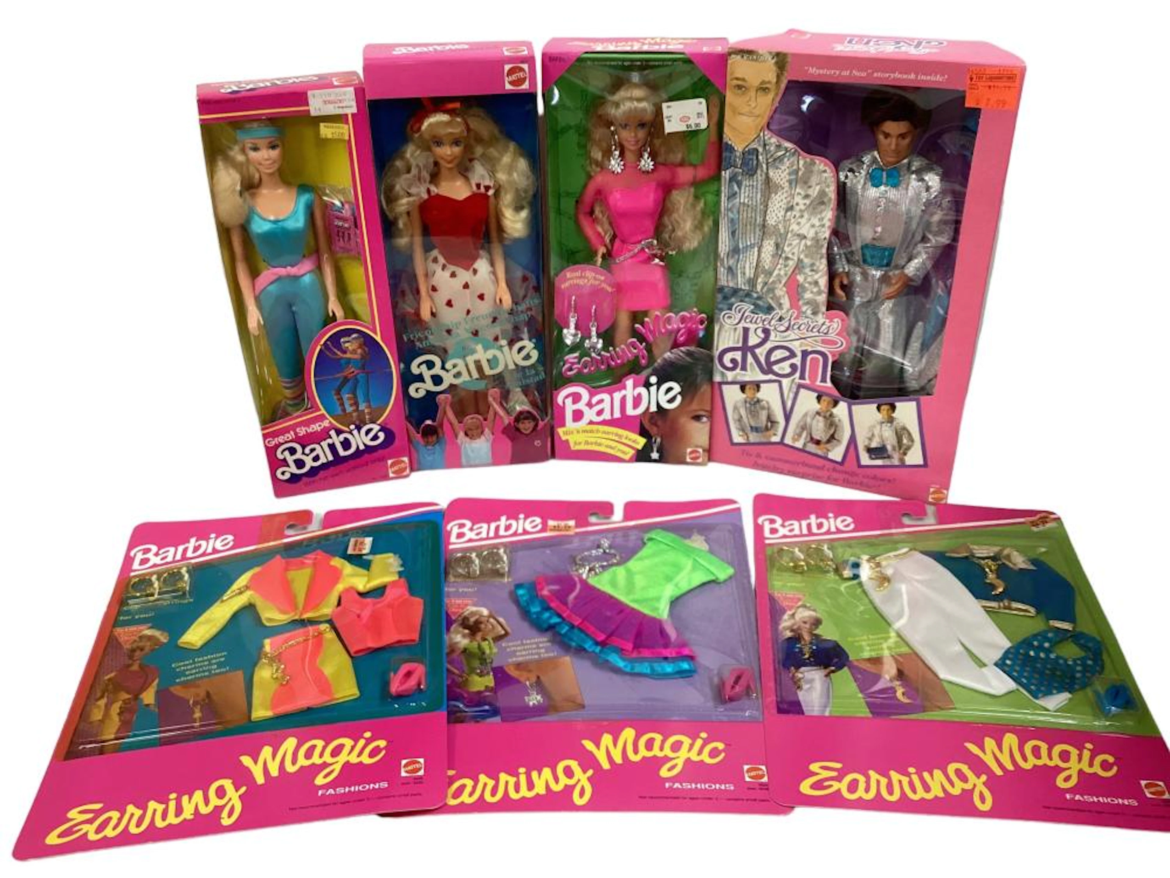 (1) Lot of (4) Barbies and (3) fashions including JEWEL SECRETS KEN