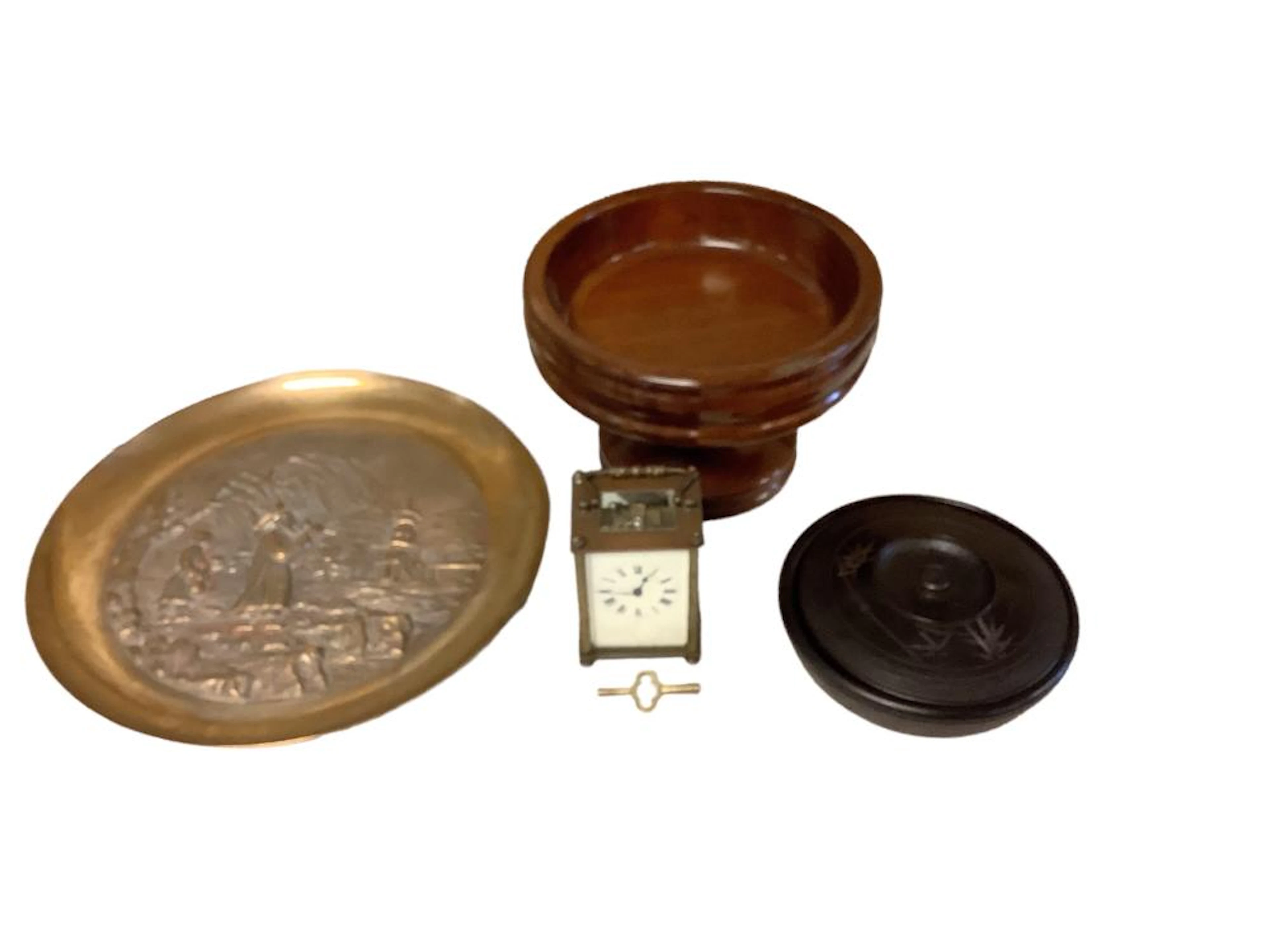 Eclectic lot including a vintage metal and glass travel clock with key