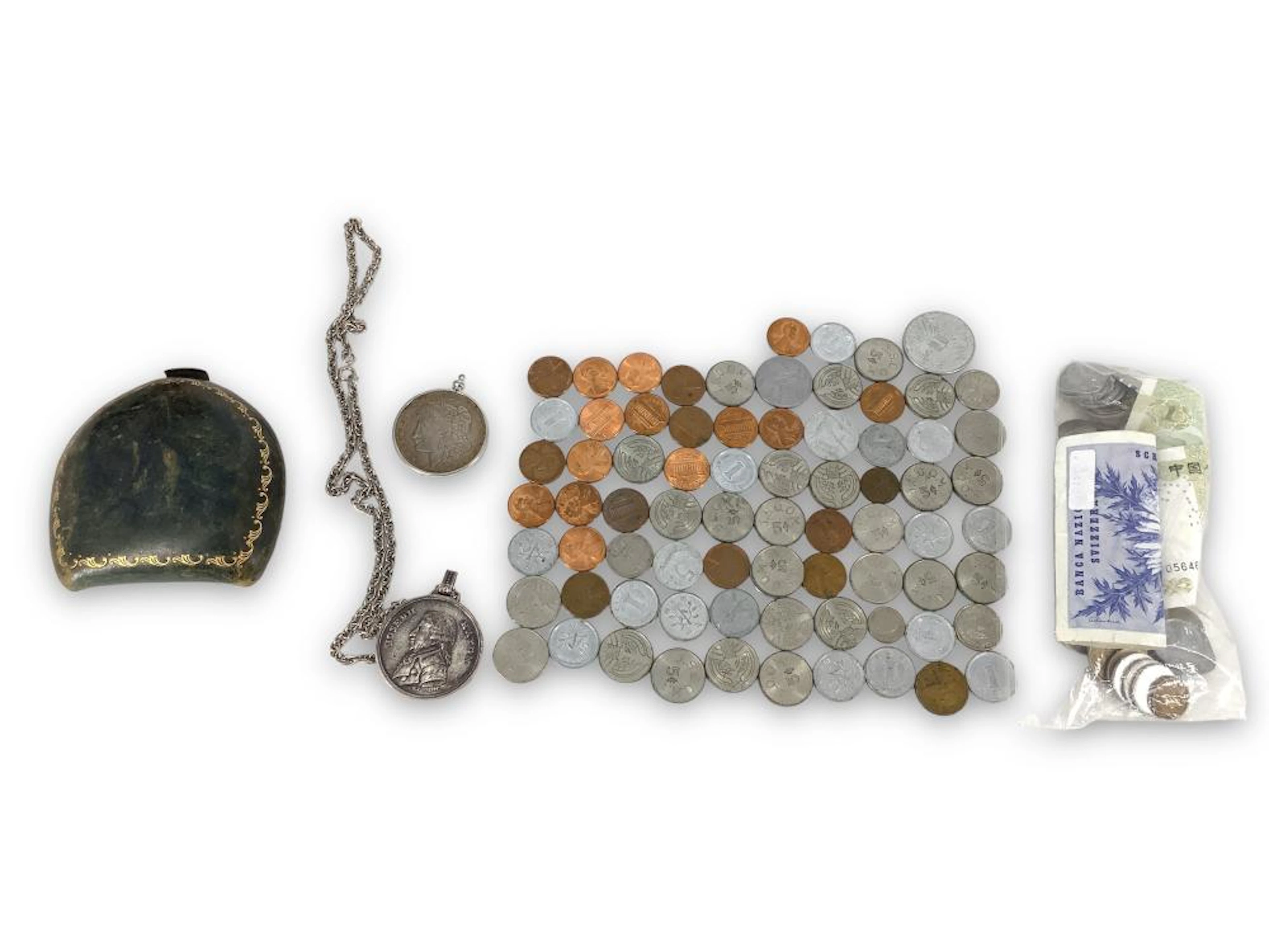 U.S. and Foreign Coins + Medallion on Chain and Antique Coin Wallet