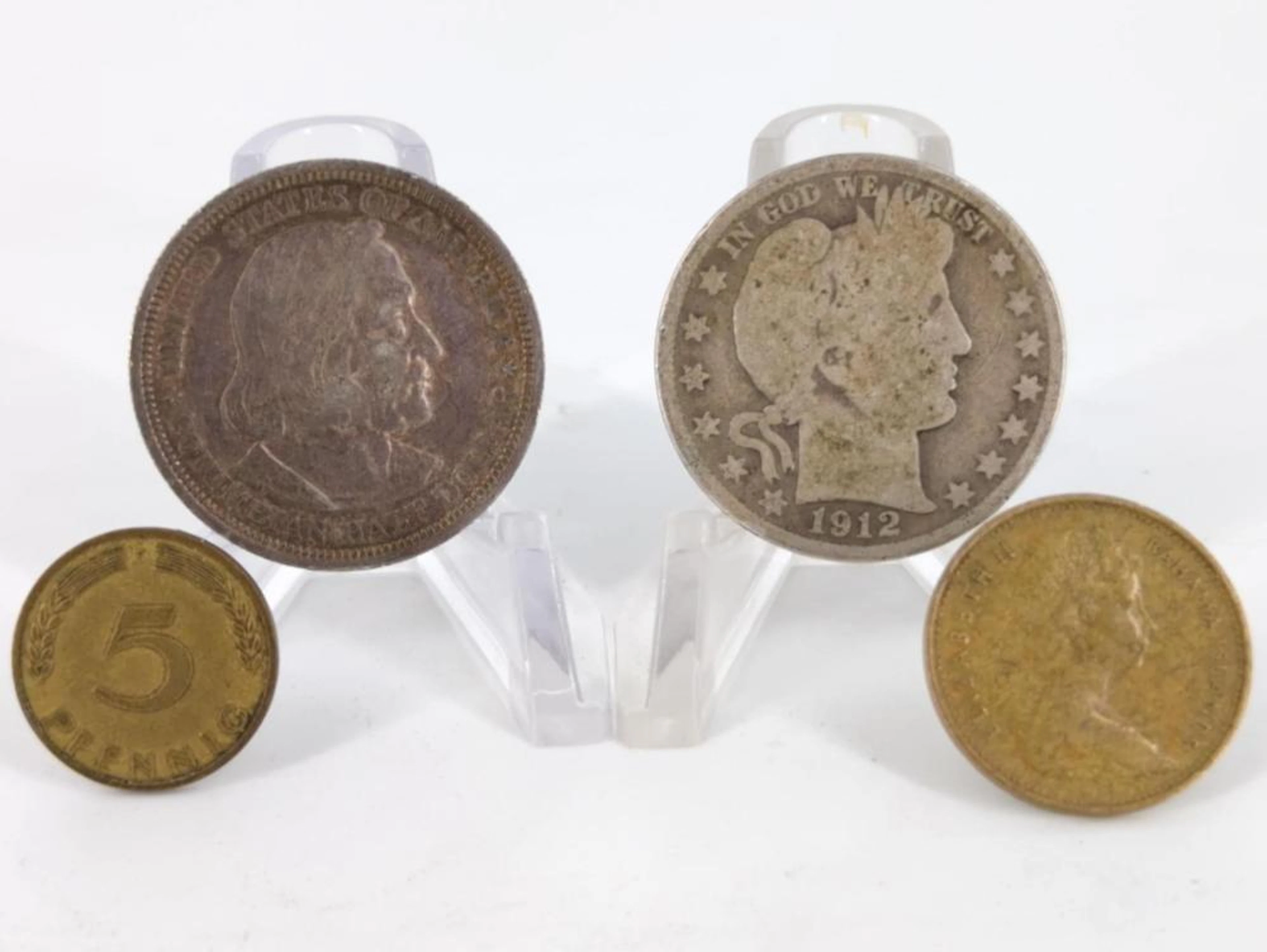 (2) Antique U.S Half Dollars & (2) Foreign Coins