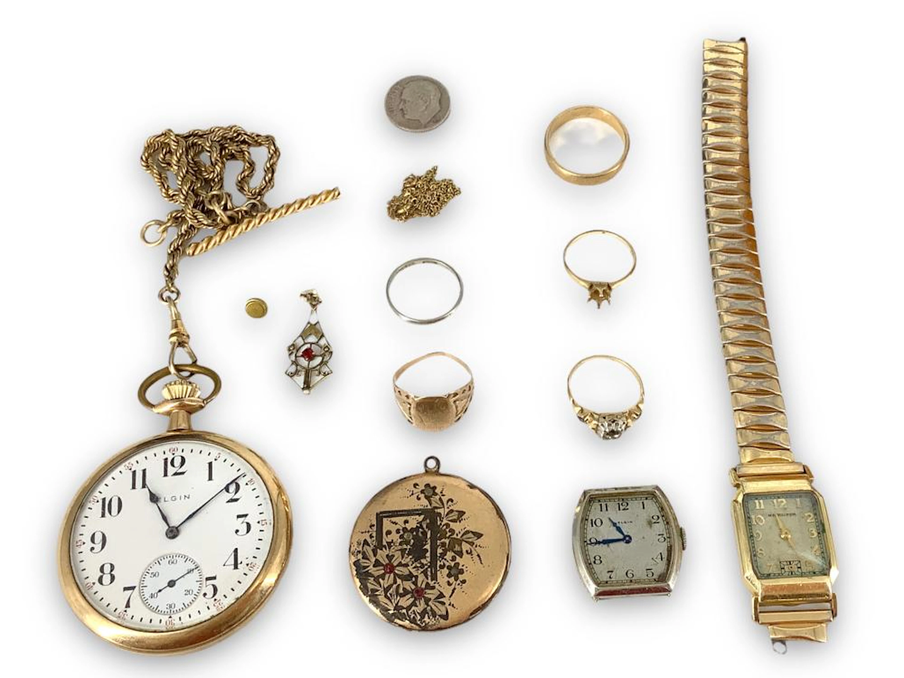 Gold Rings, Pocket Watches, Wrist Watch and Face + Wooden Box
