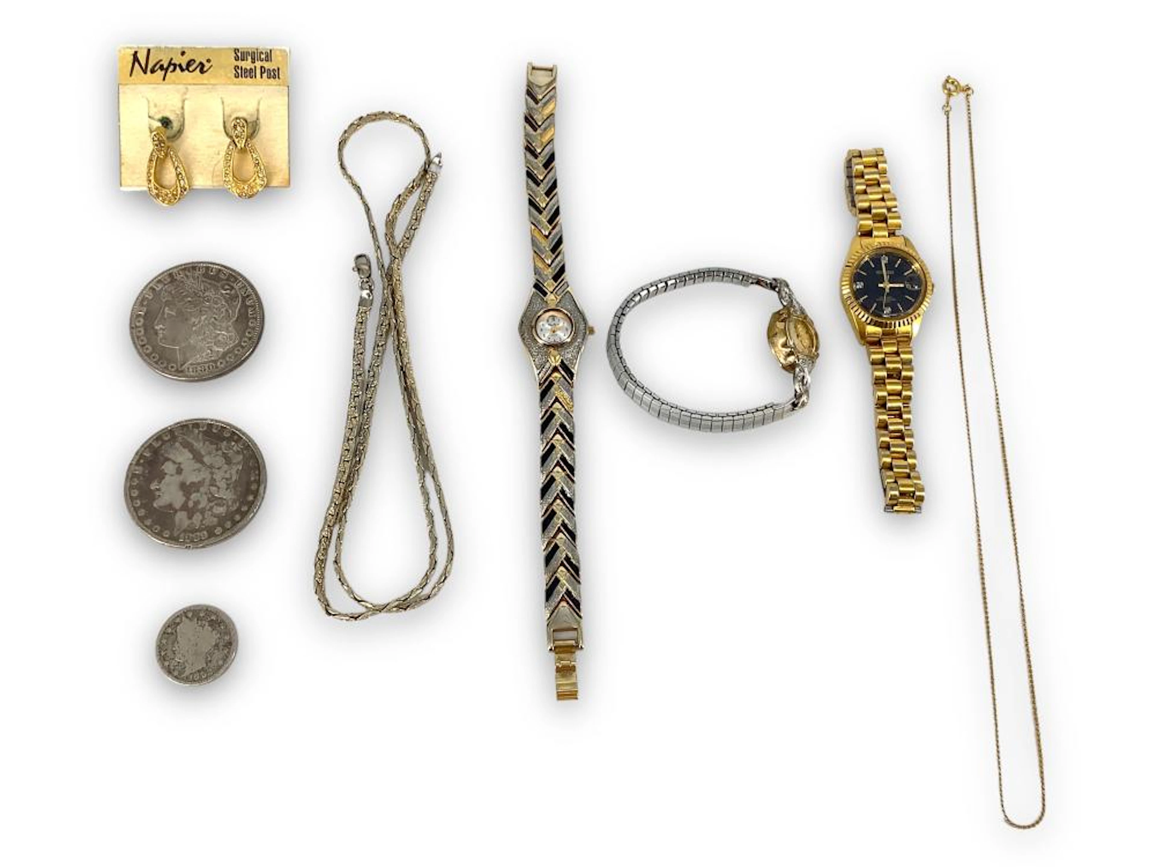 Watches, Coins, Earrings, Necklaces