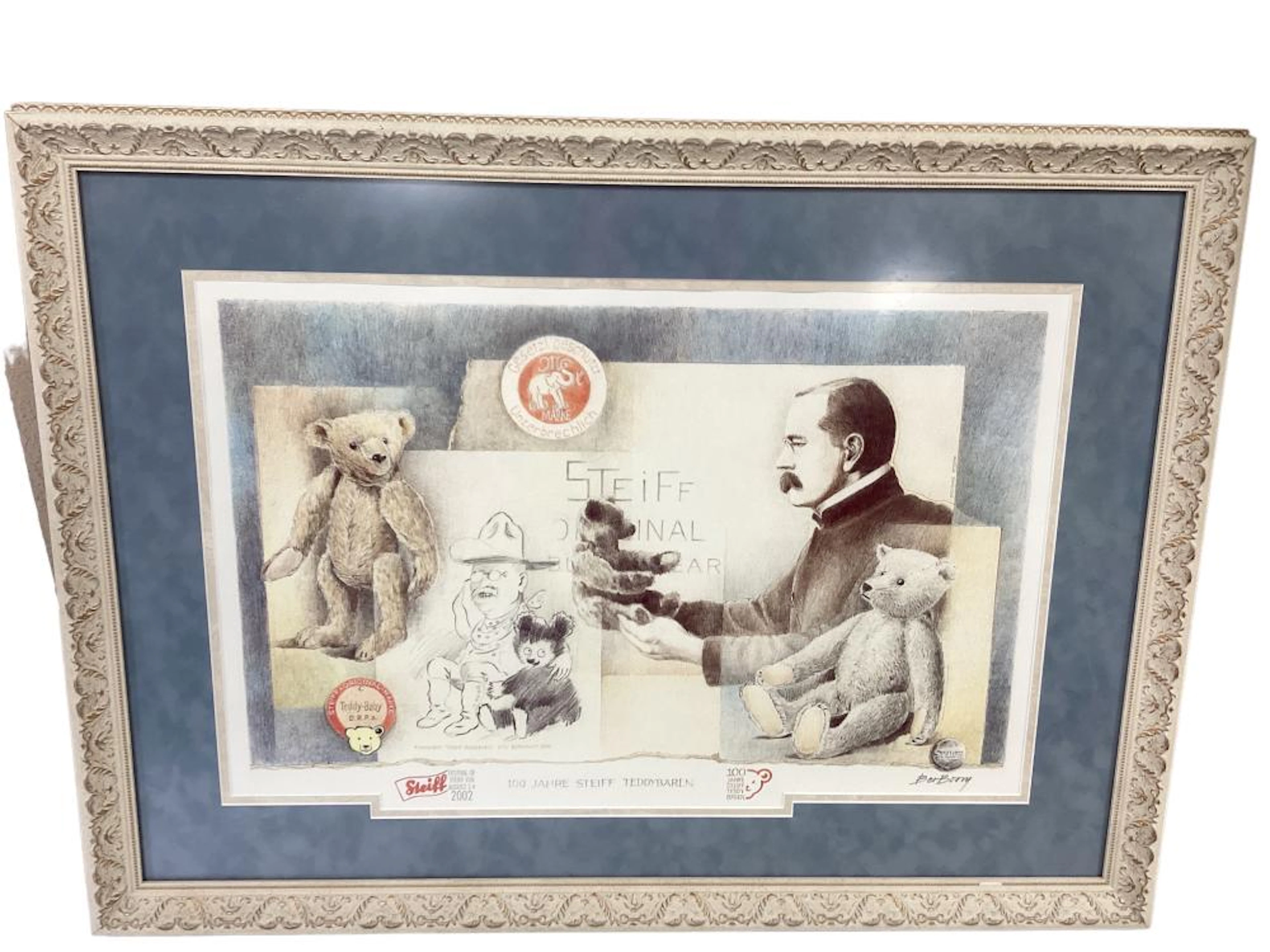 25" x 34" white frame with gold trim Steiff picture, signed. No glass.