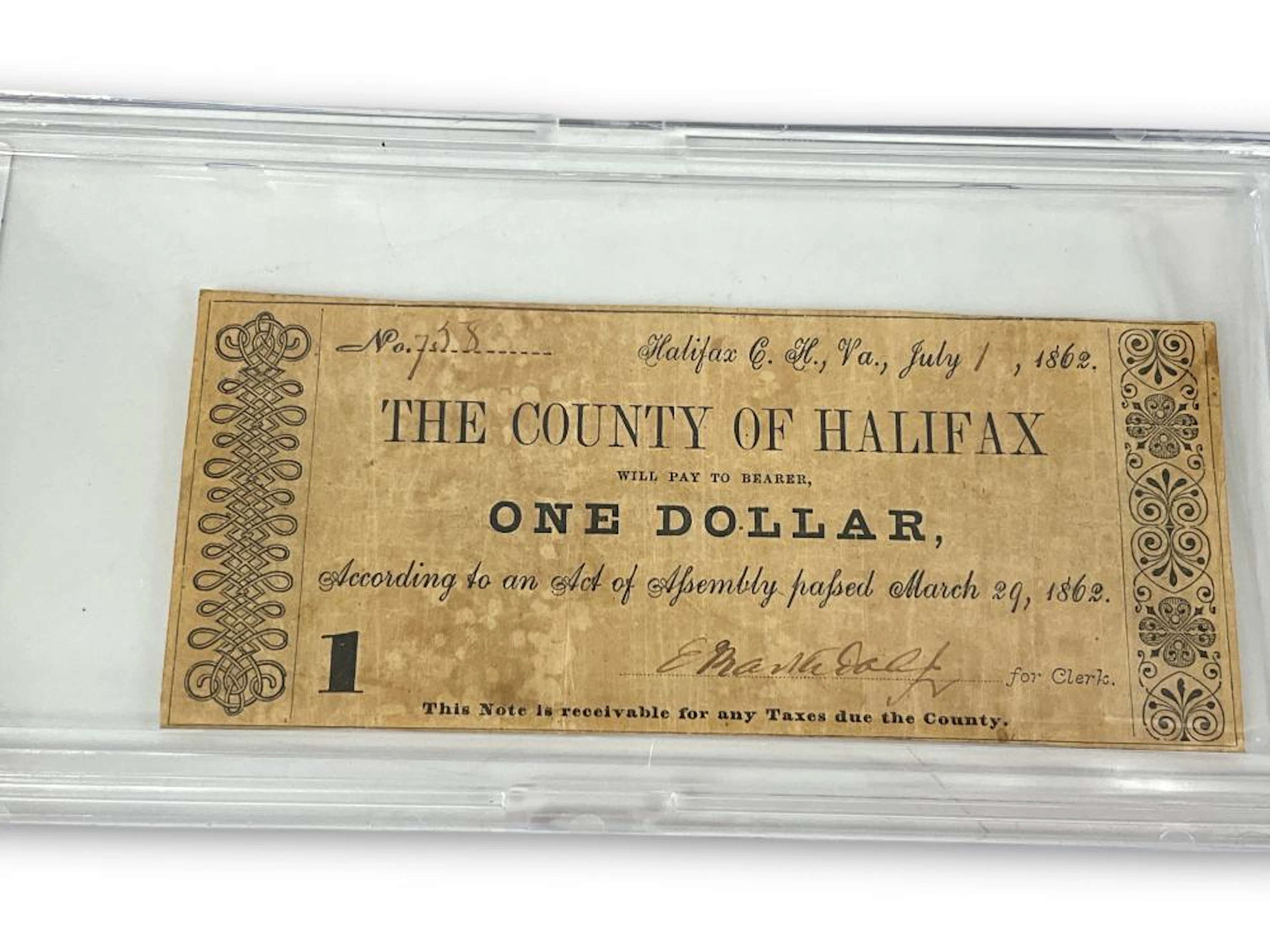 Rare 1862 "The County of Halifax" One Dollar Note
