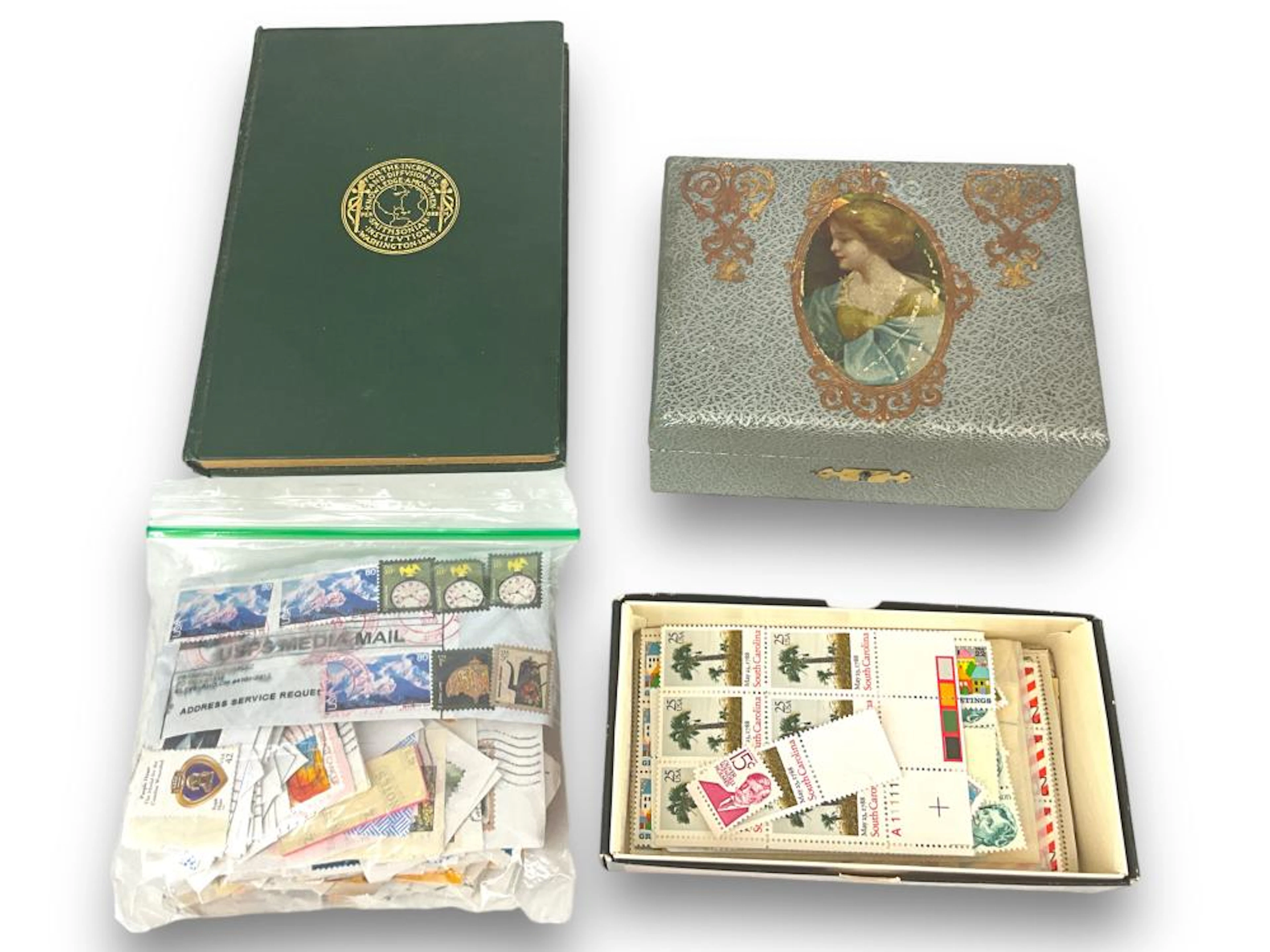 Modern Stamps and Blocks, Fashion Jewelry, Old Book