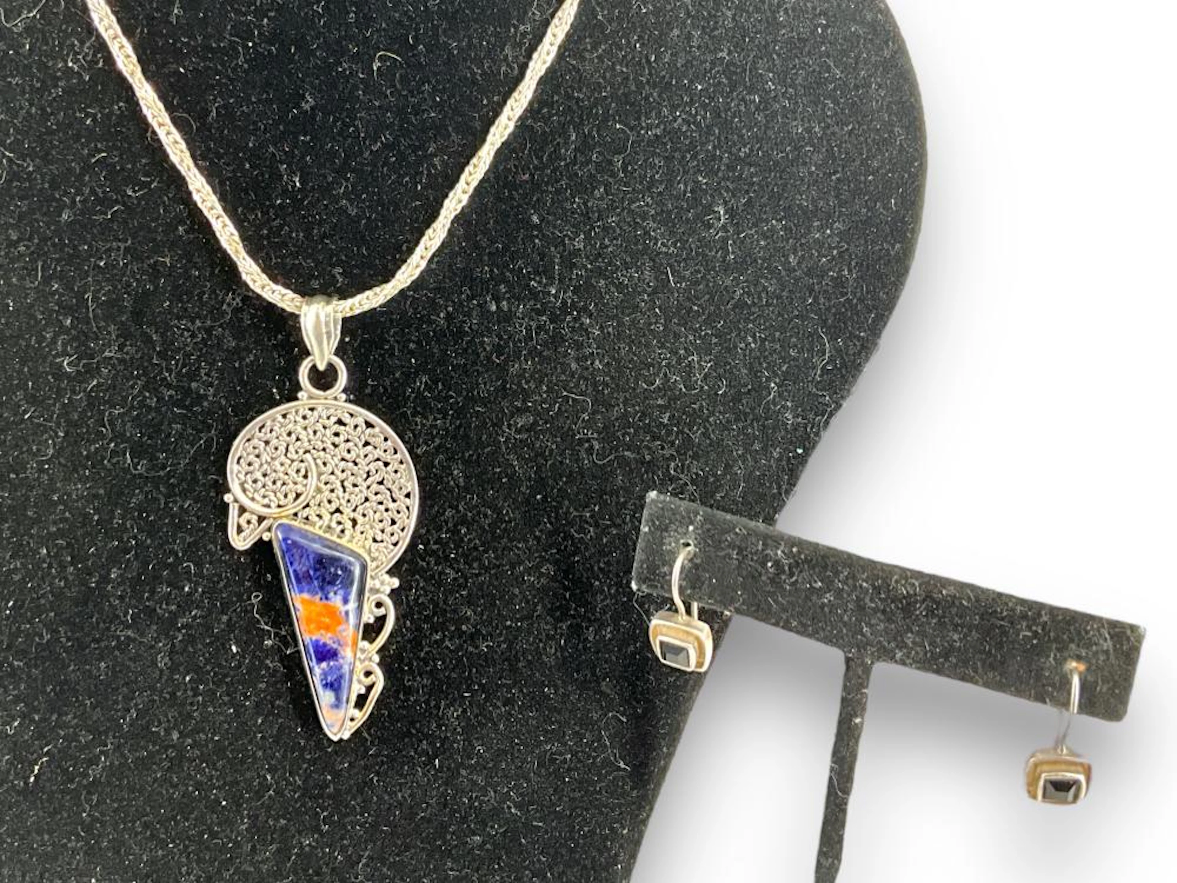 Pretty Azurite Silver Necklace and Onyx Earrings