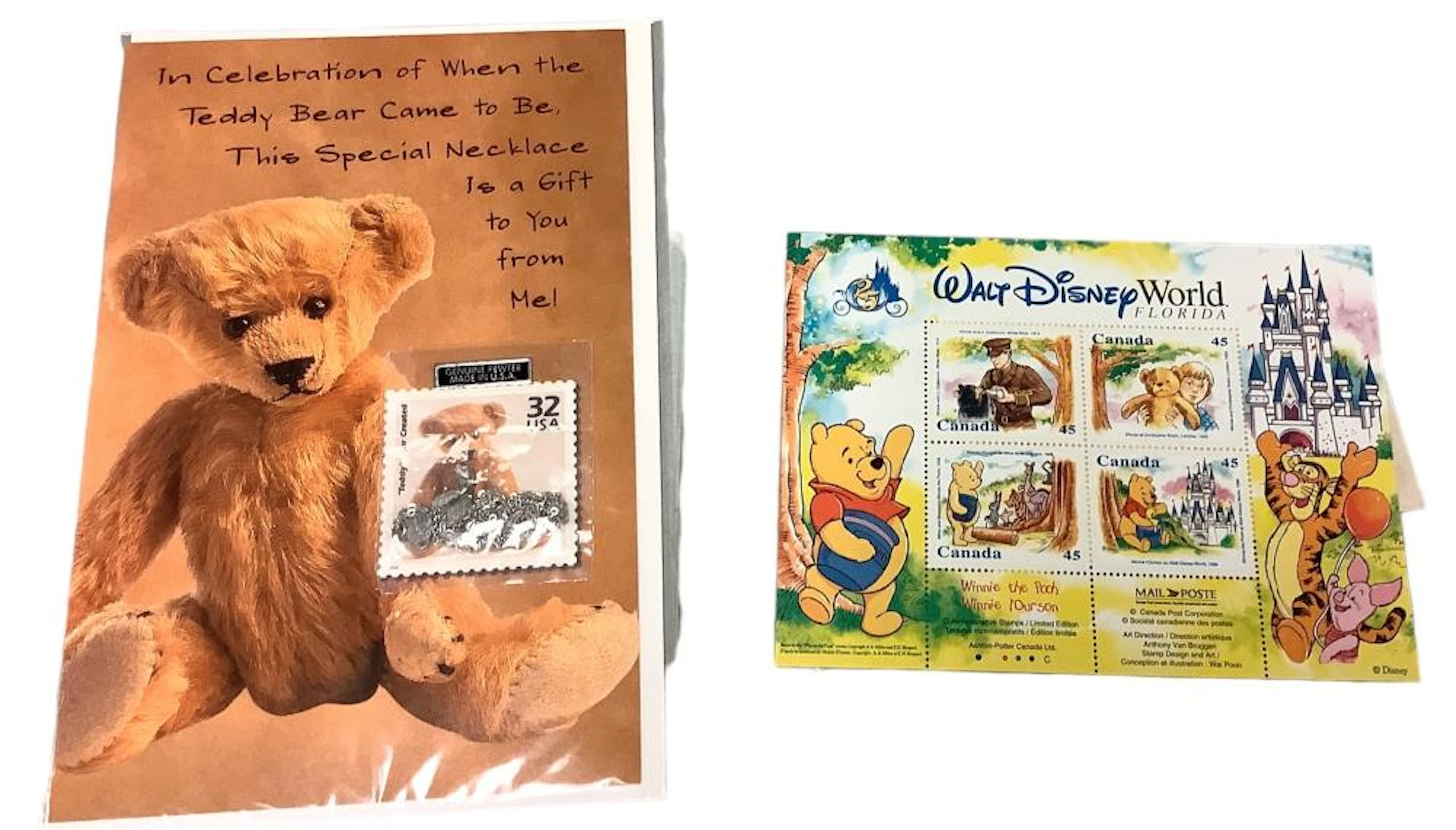 Unopened US Post Office Teddy Bear Card & Necklace and Walt Disney World Stamps