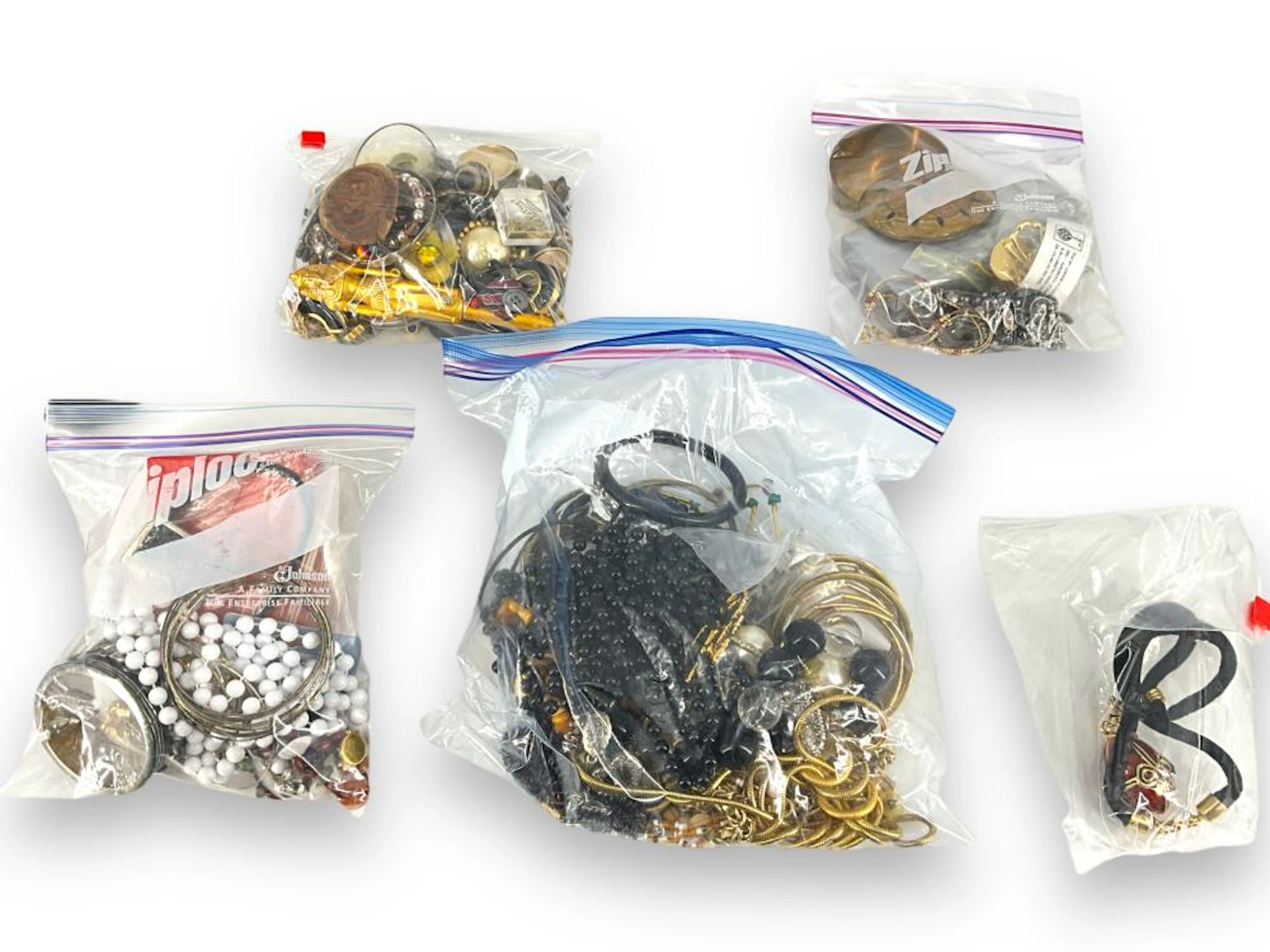 Five Bags of Fashion Jewelry Including Red Faberge Type Egg Necklace!