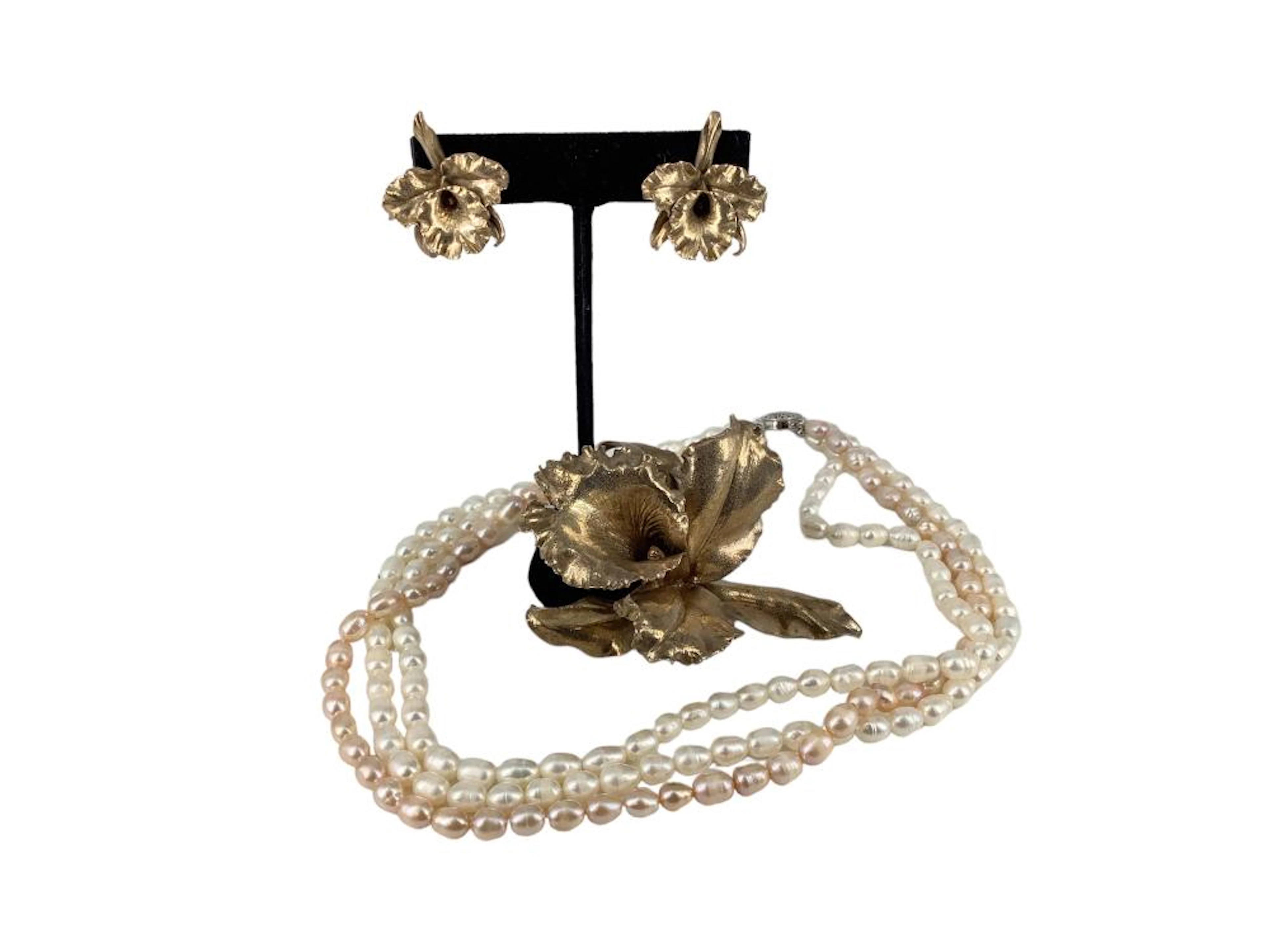 Beautiful Large Silver Iris Brooch Set and Freshwater Pearl Necklace