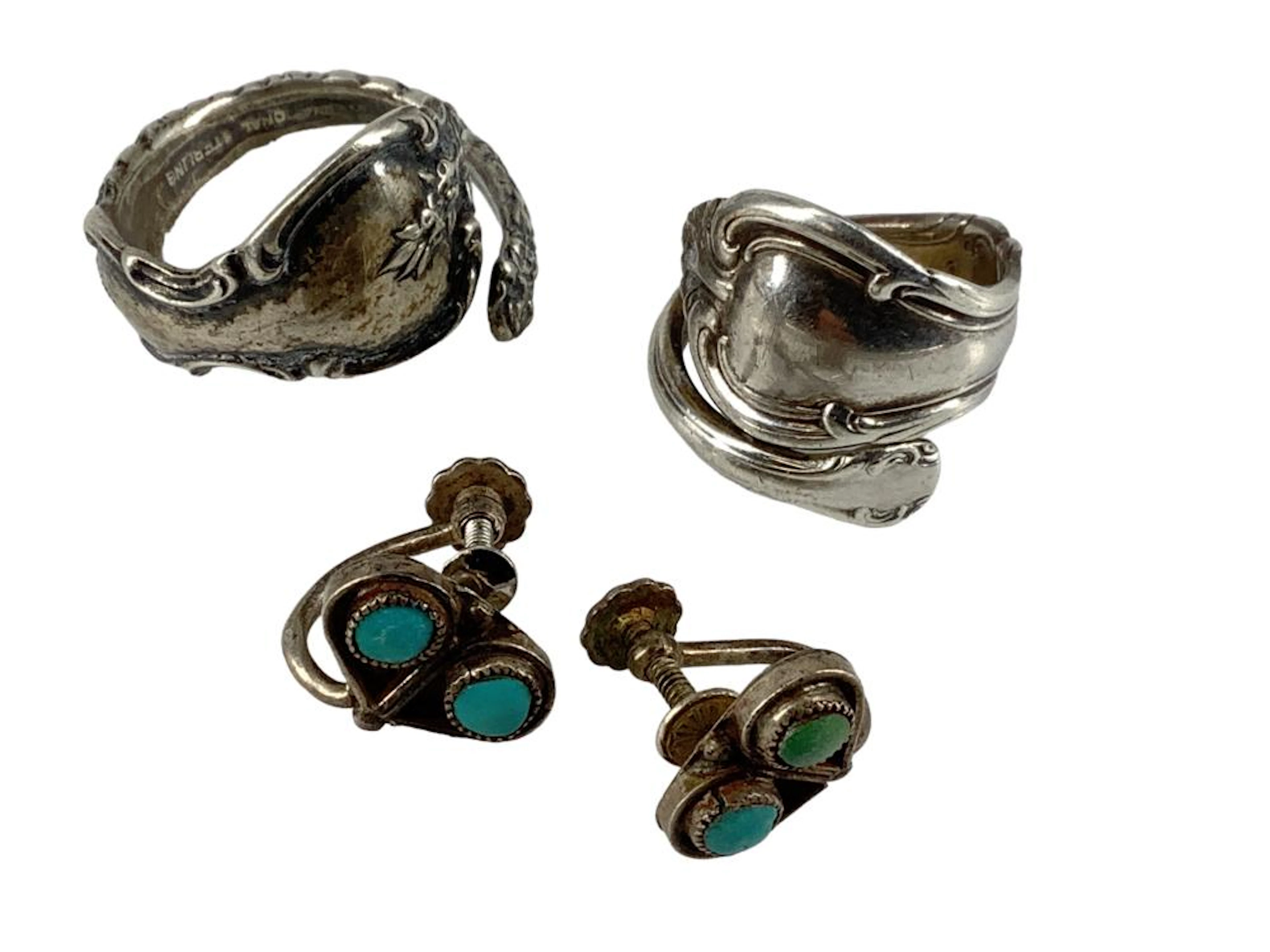 Spoon Rings and Silver with Turquoise Earrings