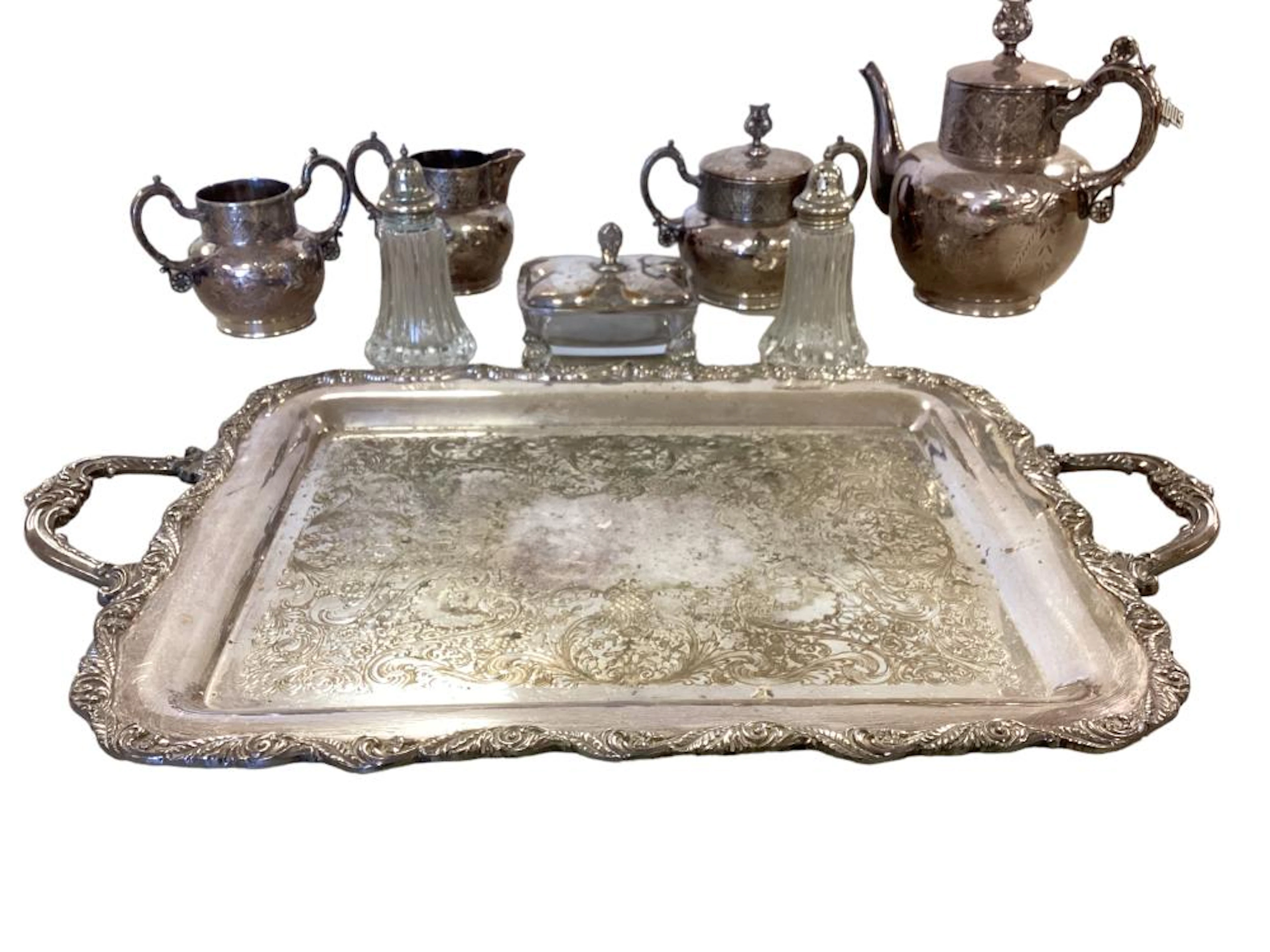 Ornate Silver Tea Service, S/P Shakers & Large Tray