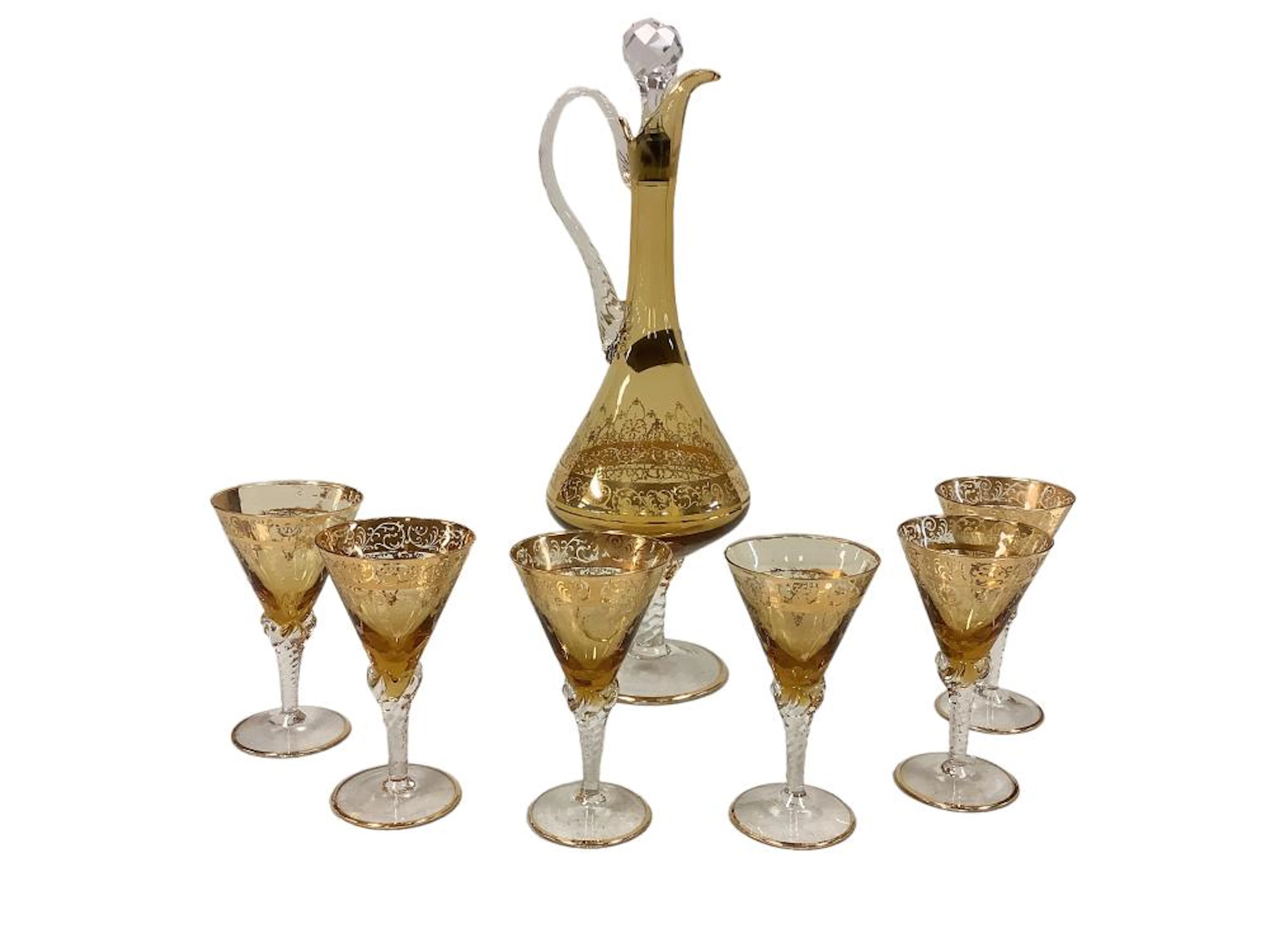 Vintage Carafe and Six Wine Glasses
