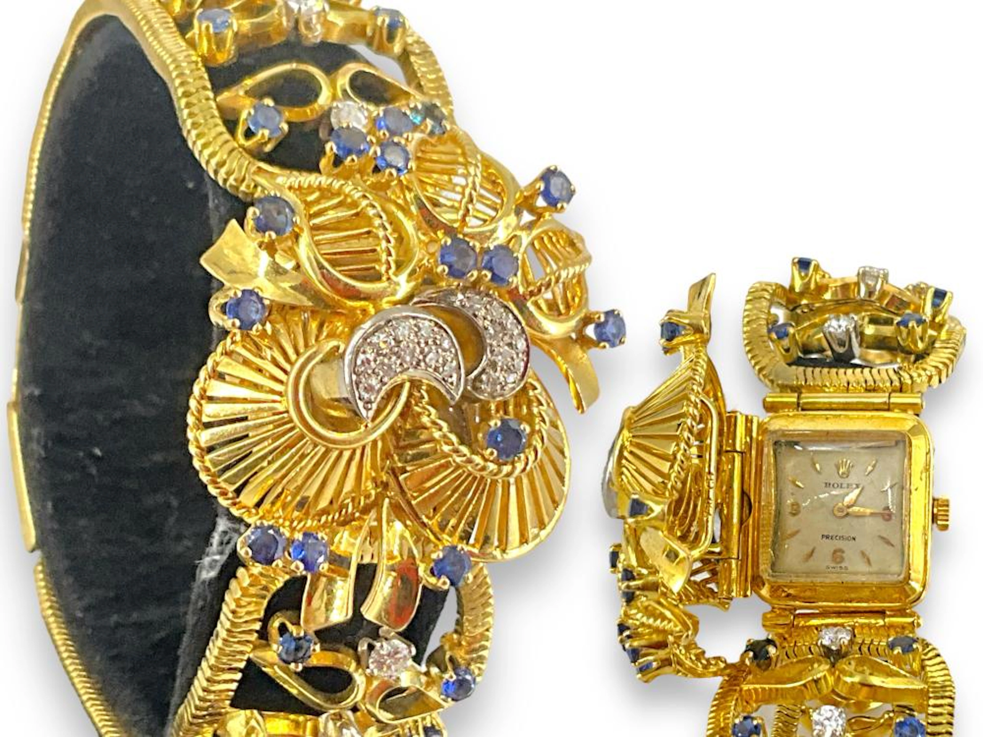 18kt Gold Encased/Hidden Wrist Watch with Sapphires and Diamonds