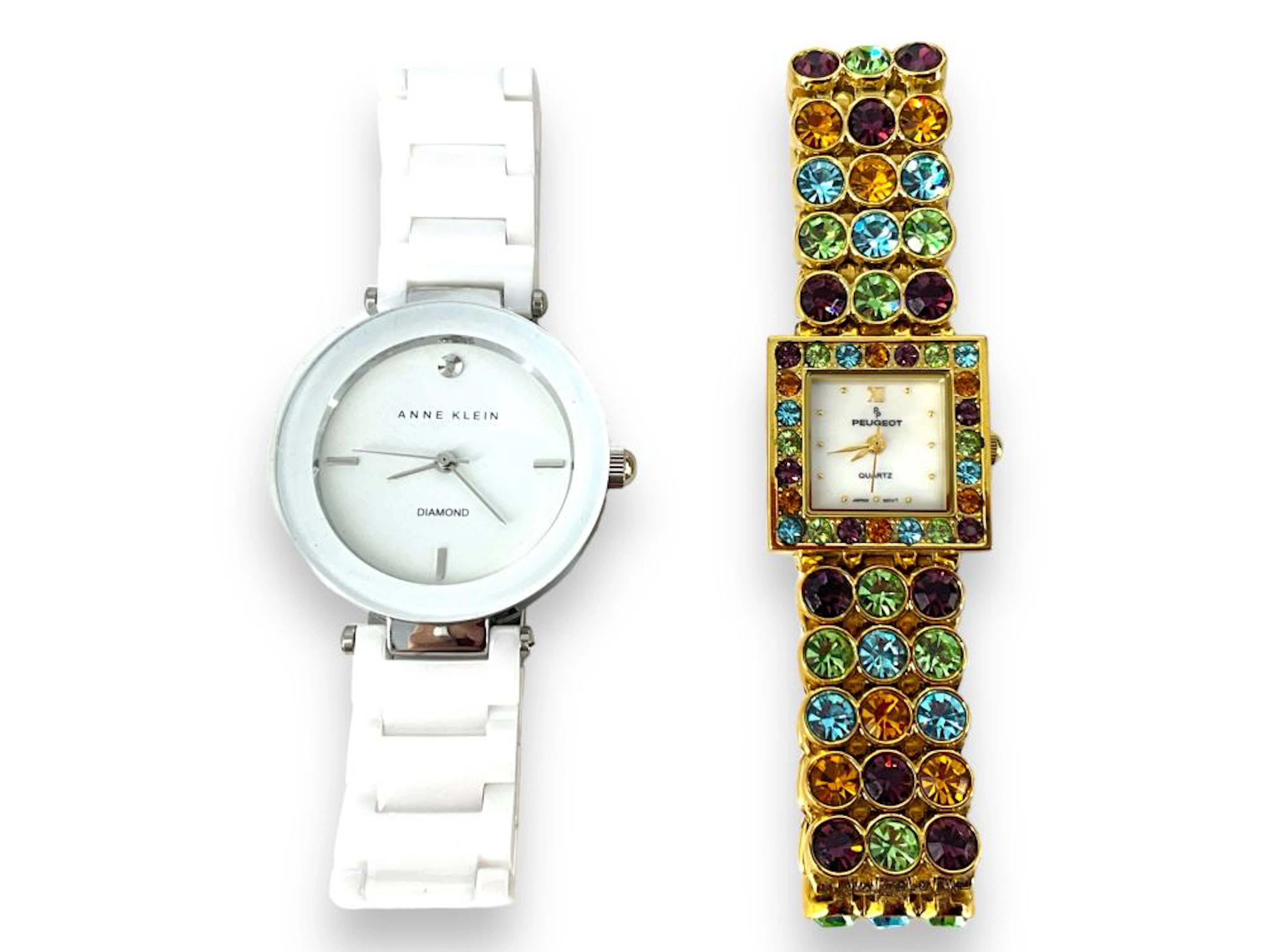 Peugeot Gold-Tone Watch with Multi-Color Glass Stones and...