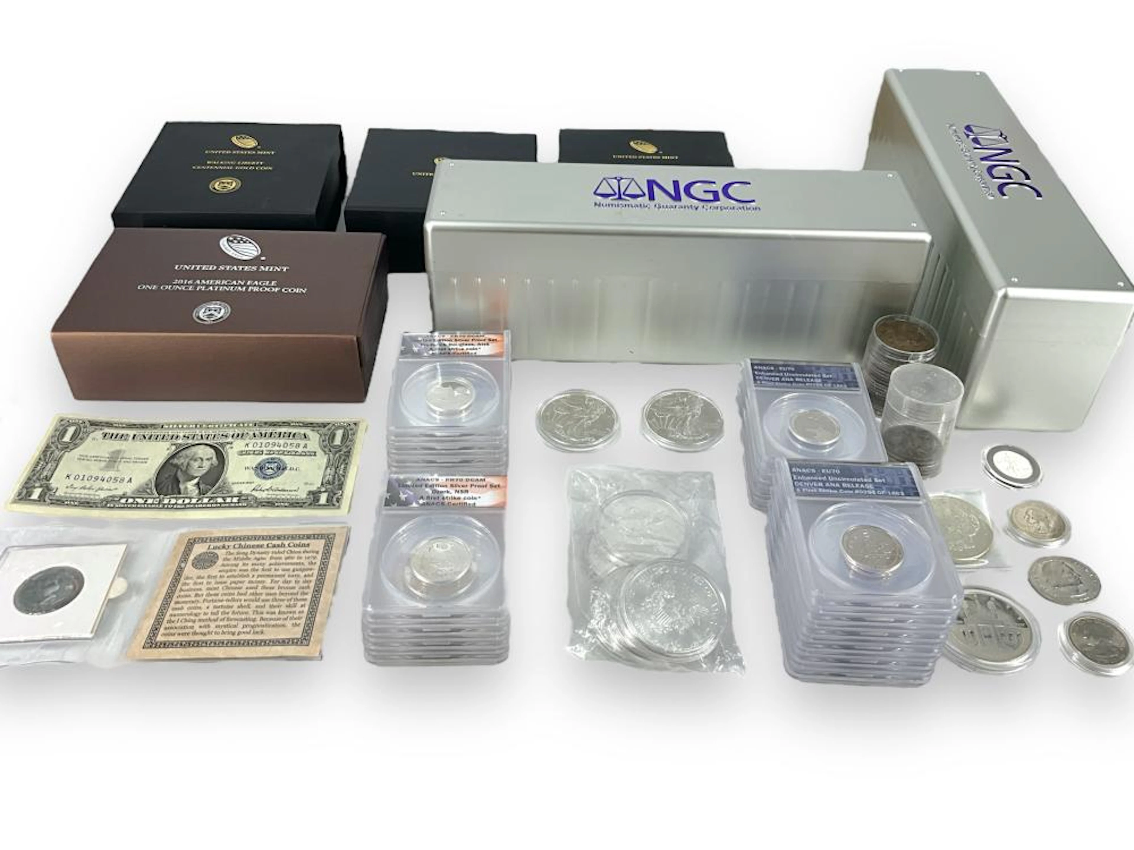 Empty Coin Holders, Assortment of Silver Dollars, Coin Sets