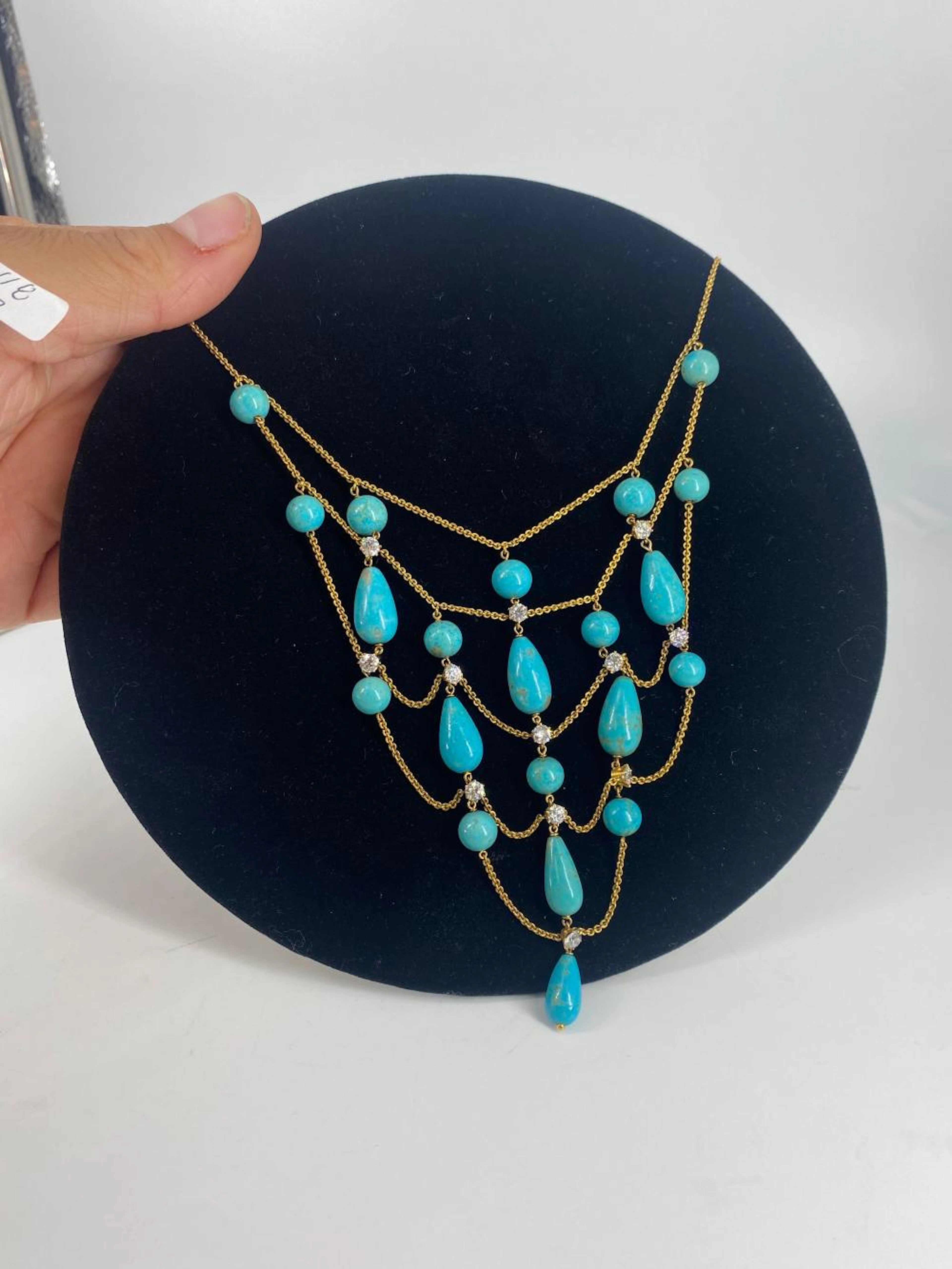 Fantastic 18kt Yellow Gold Turquoise & Diamond Statement Necklace