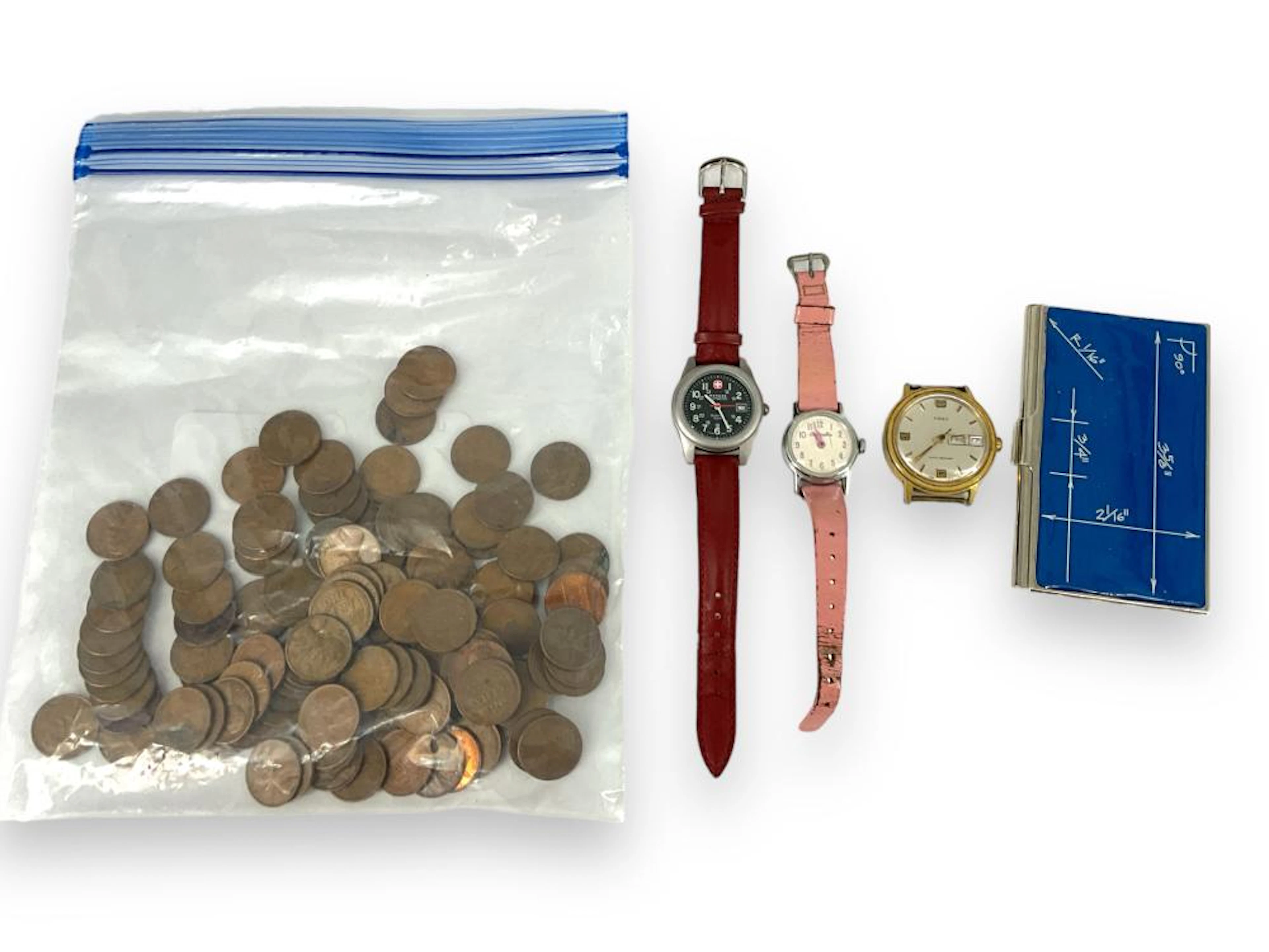 Watches, Bag of Wheat Pennies and Card Case
