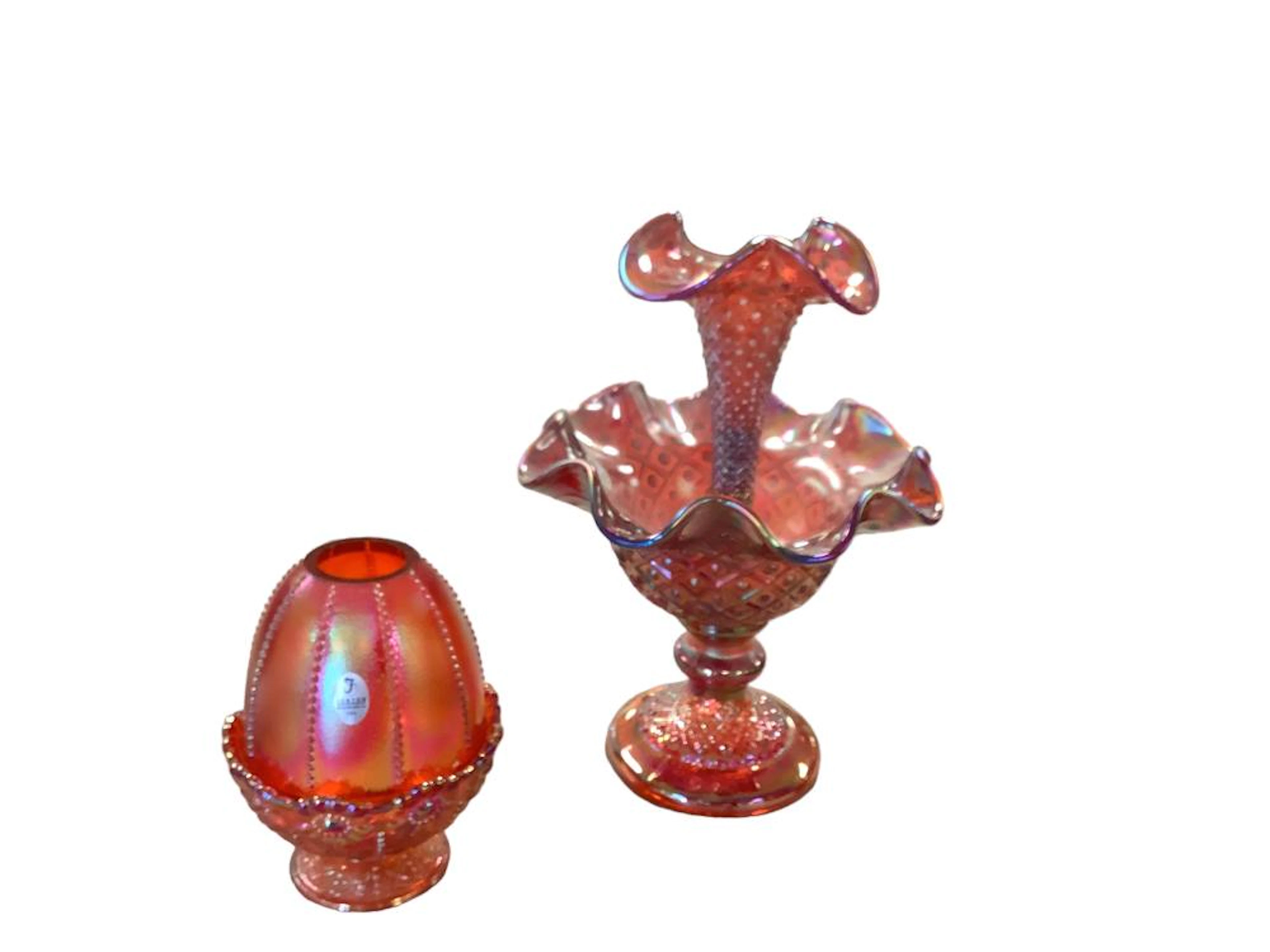 Fenton Ruby Carnival Glass Diamond Lace Single Horn Epergne and Fairy Lamp