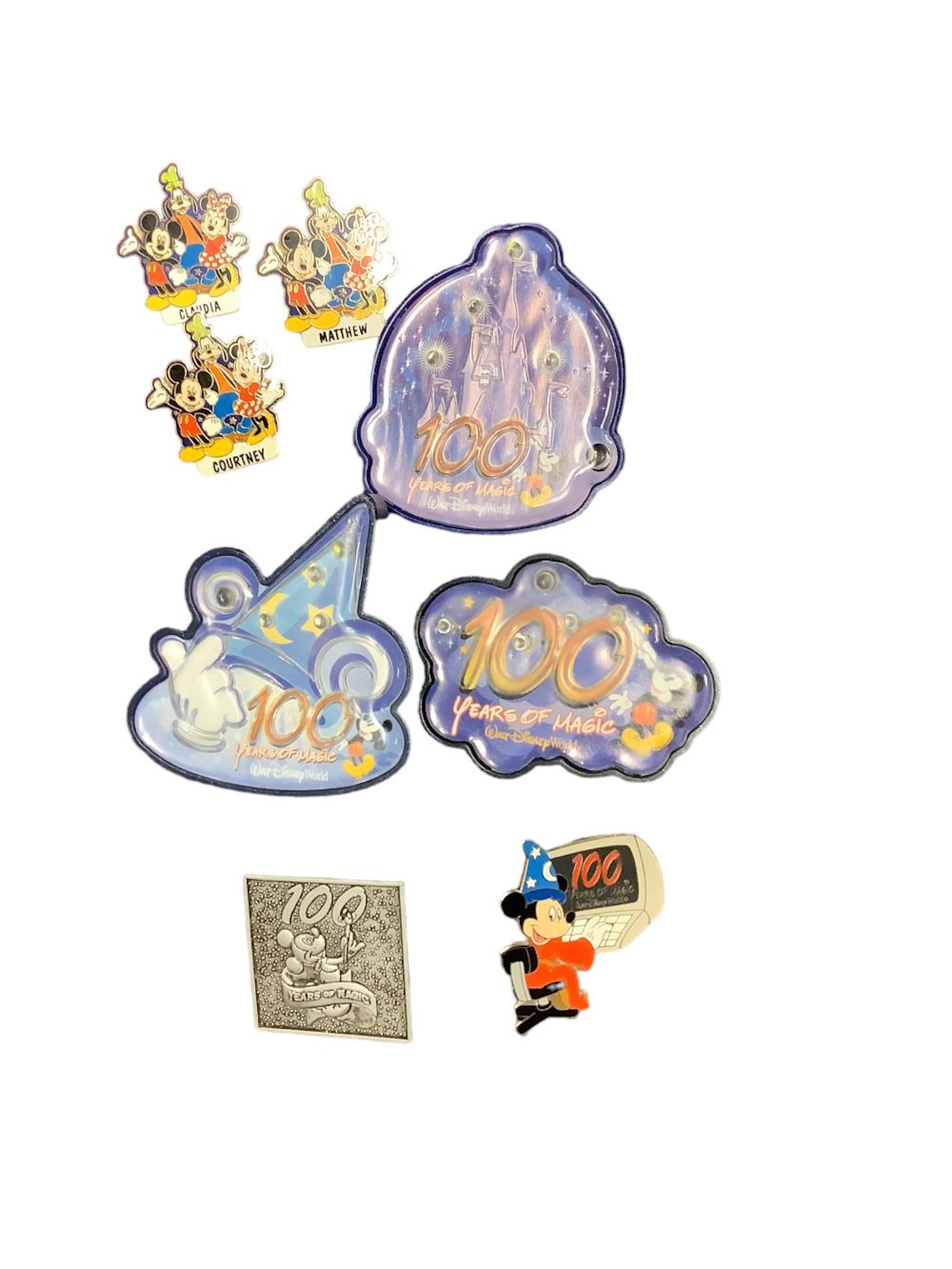 (5) Disney ?100 Years of Magic? pins & Light Up Buttons Plus (3) Name Pins