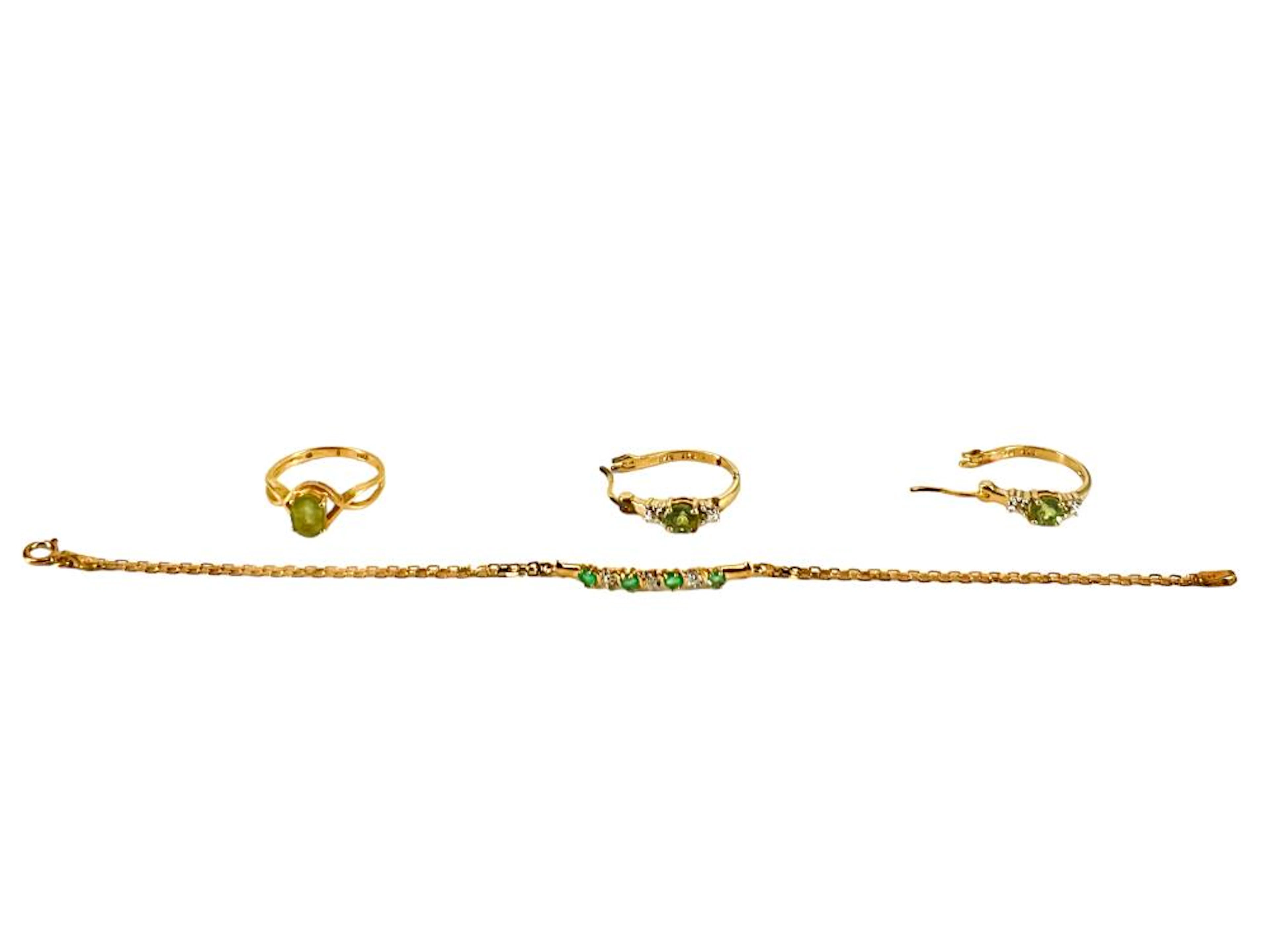 10k Green Beryl Chain Bracelet, 14k Peridot Ring and Peridot Hoop Earrings