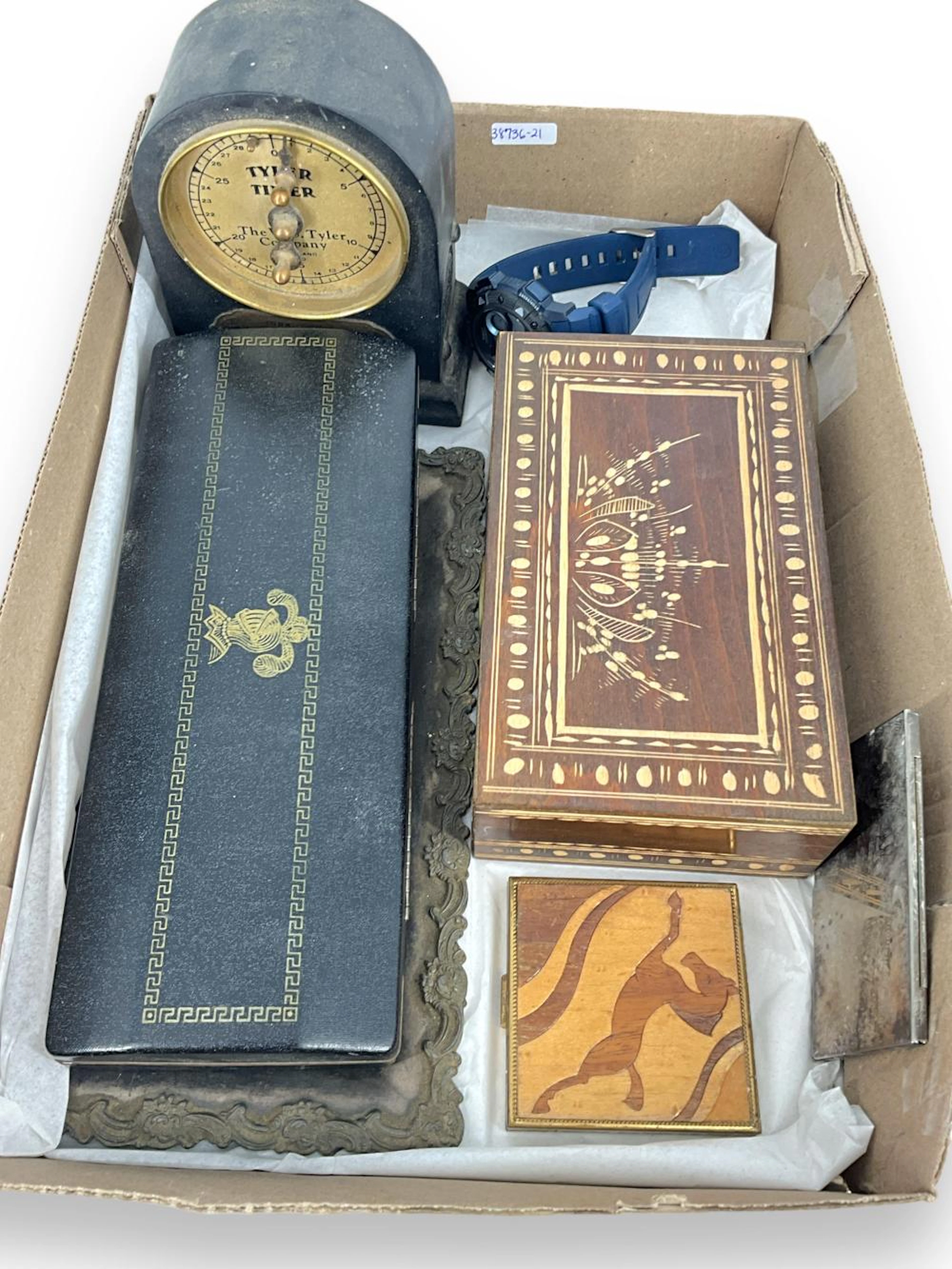 Old ?Tyler Timer,? Carved Wood Box, Timex ?Shock? Watch and Coins