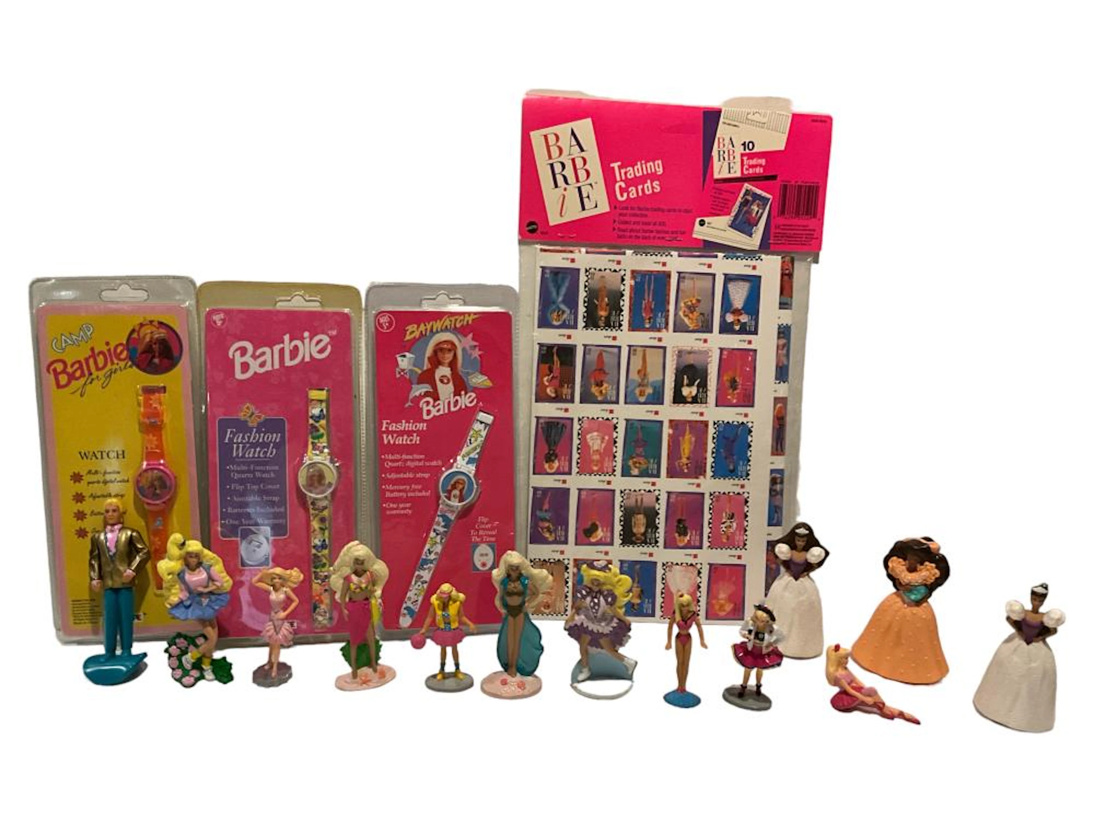 Assorted Lot of Barbie Figures, Watches, and Trading Cards Collector Poster