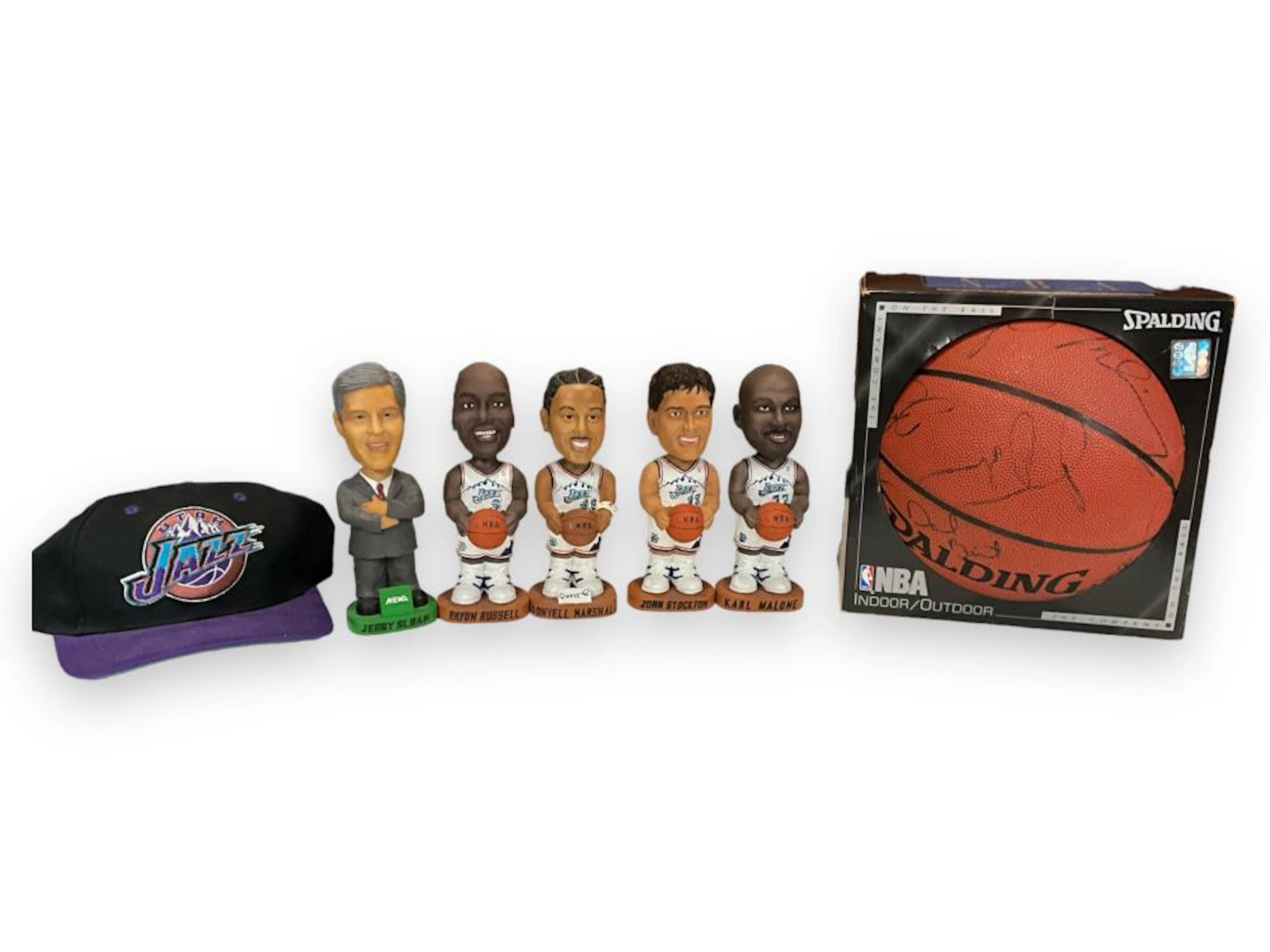 BA Utah Jazz Bobbleheads, NBA Spaulding Basketball, & Ball Hat