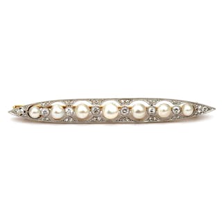 A 18 karat gold with platinum Art Deco pearl and diamond bar brooch