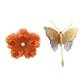 Two brooches, a butterfy and a flower