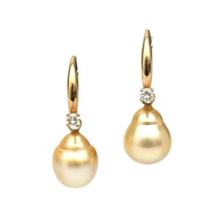 A pair of 14 karat gold diamond and South Sea pearl earrings